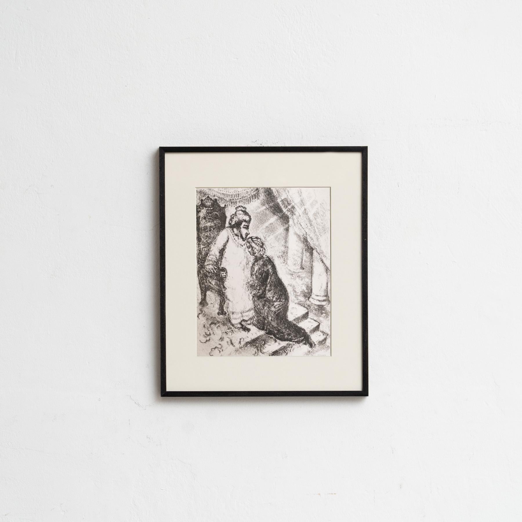 Scopri una rara e squisita stampa eliografica in bianco e nero del leggendario Marc Chagall, che raffigura una scena biblica con la qualità eterea tipica dell'artista. Questa stampa è tratta dalla ricercatissima pubblicazione Verve 