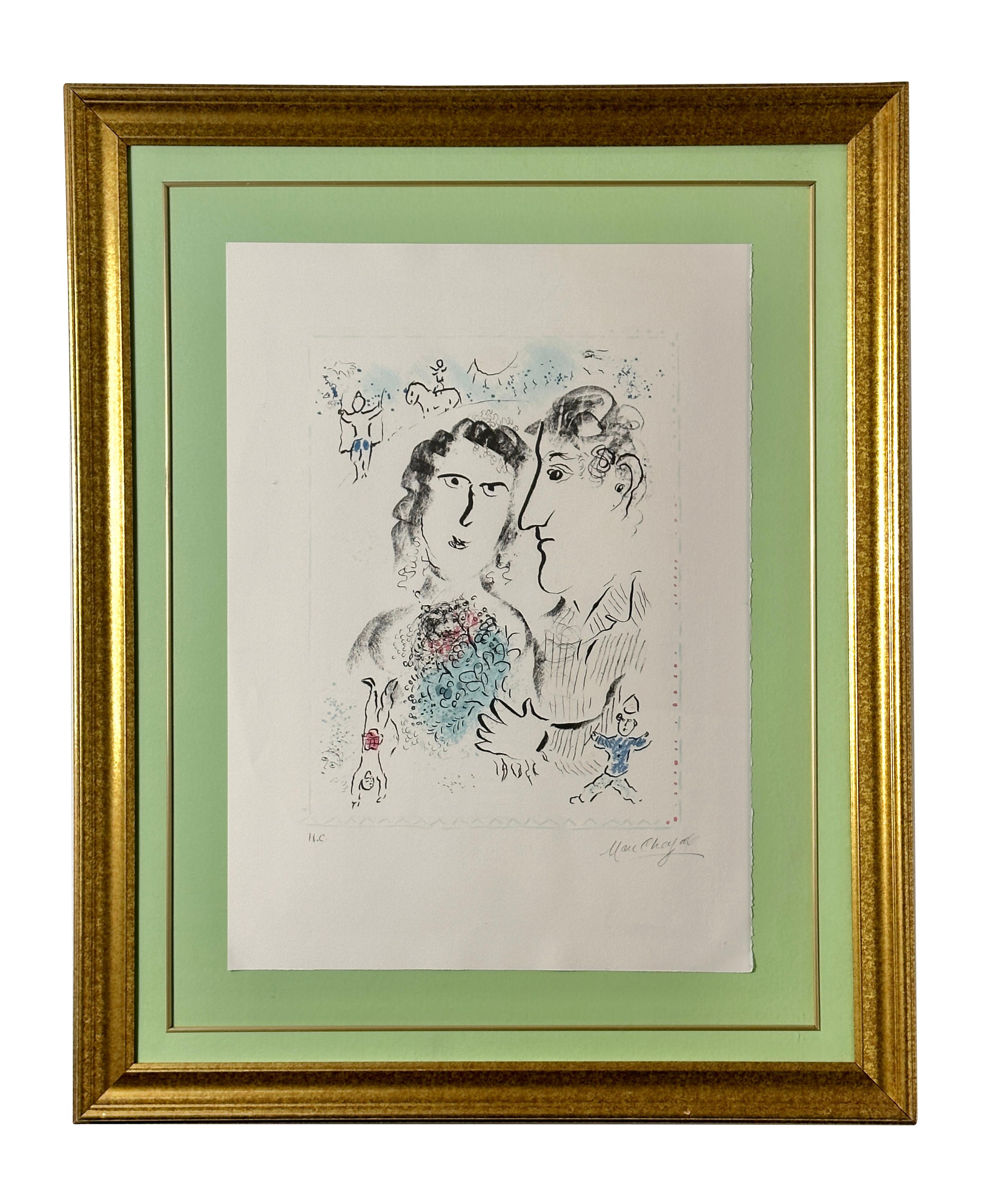 Hand signierte Lithographie „Künstler Proof Verlobung im Circus 1983“ von Marc Chagall 
Chagall Fiançailles au cirque (Verlobung im Zirkus), 1983, ist eine spielerische und amouröse Darstellung der menschlichen Anbetung. Mit einer Mischung aus