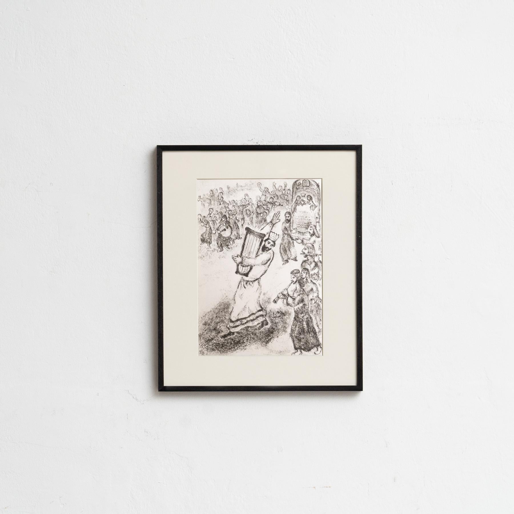 Descubre un impresionante heliograbado en blanco y negro del célebre Marc Chagall, que plasma su interpretación única de un tema bíblico con su característico estilo onírico. Este grabado pertenece a la serie de publicaciones Verve, y apareció