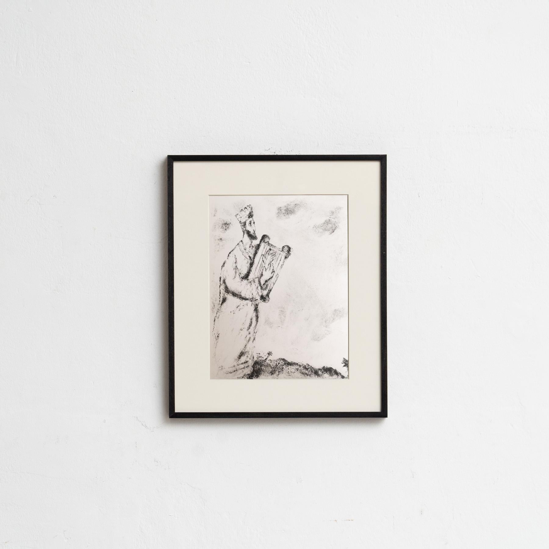 Descubre un impresionante heliograbado en blanco y negro del célebre Marc Chagall, que plasma su interpretación única de un tema bíblico con su característico estilo onírico. Este grabado pertenece a la serie de publicaciones Verve, y apareció