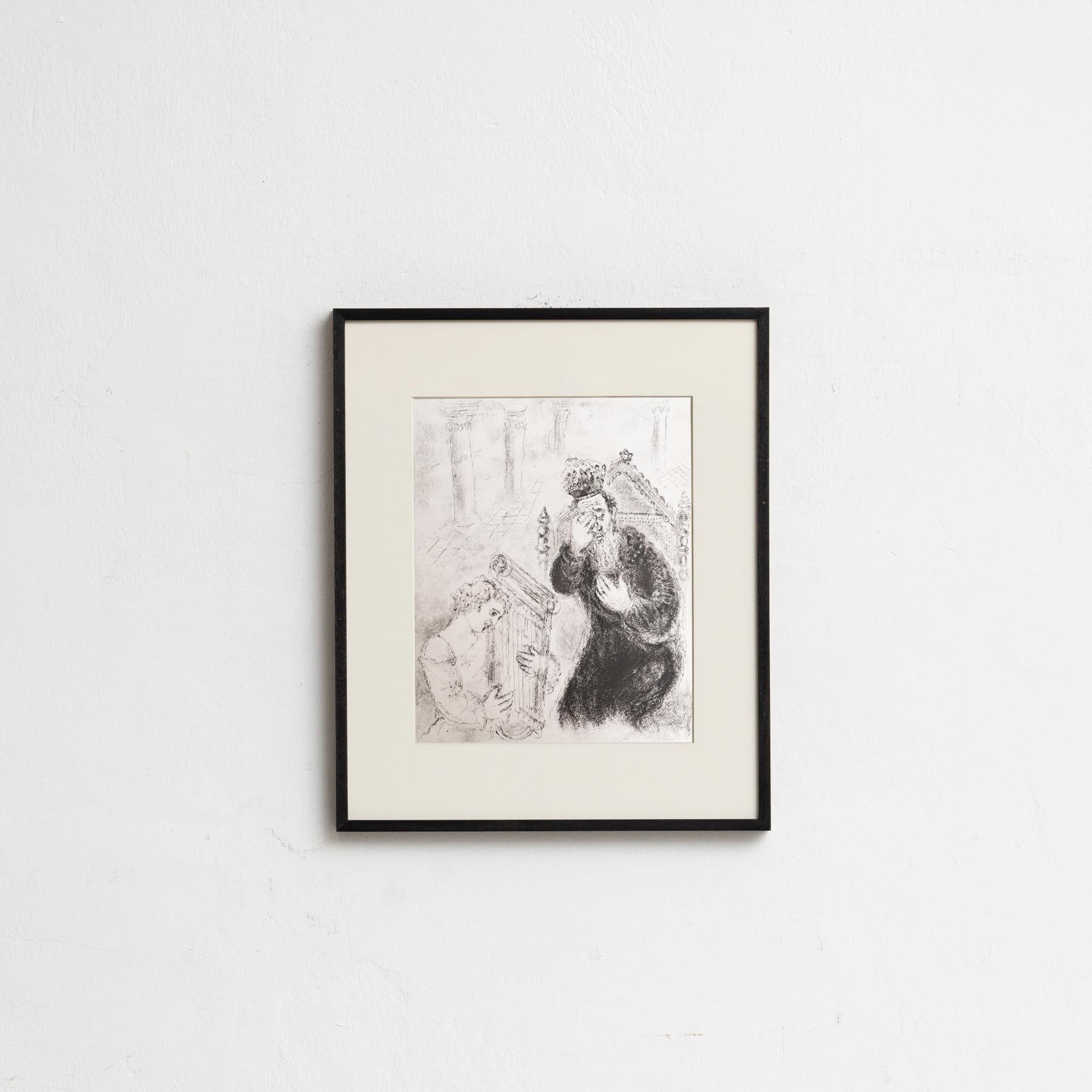 Descubre un impresionante heliograbado en blanco y negro del célebre Marc Chagall, que plasma su interpretación única de un tema bíblico con su característico estilo onírico. Este grabado pertenece a la serie de publicaciones Verve, y apareció