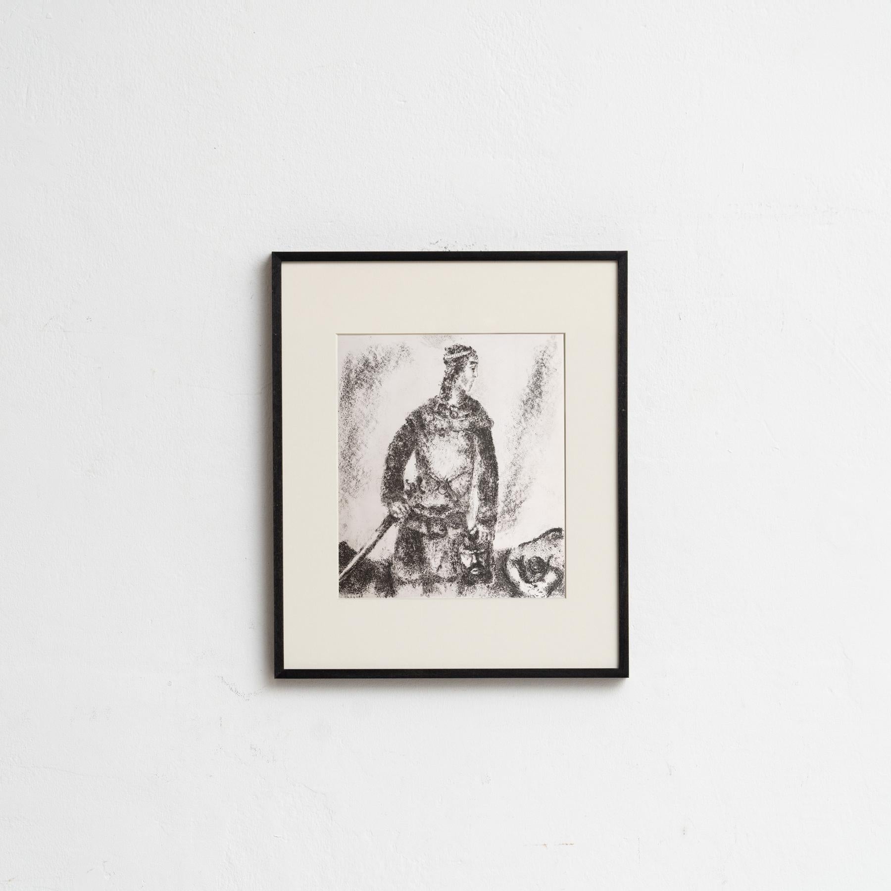 Descubre un impresionante heliograbado en blanco y negro del célebre Marc Chagall, que plasma su interpretación única de un tema bíblico con su característico estilo onírico. Este grabado pertenece a la serie de publicaciones Verve, y apareció