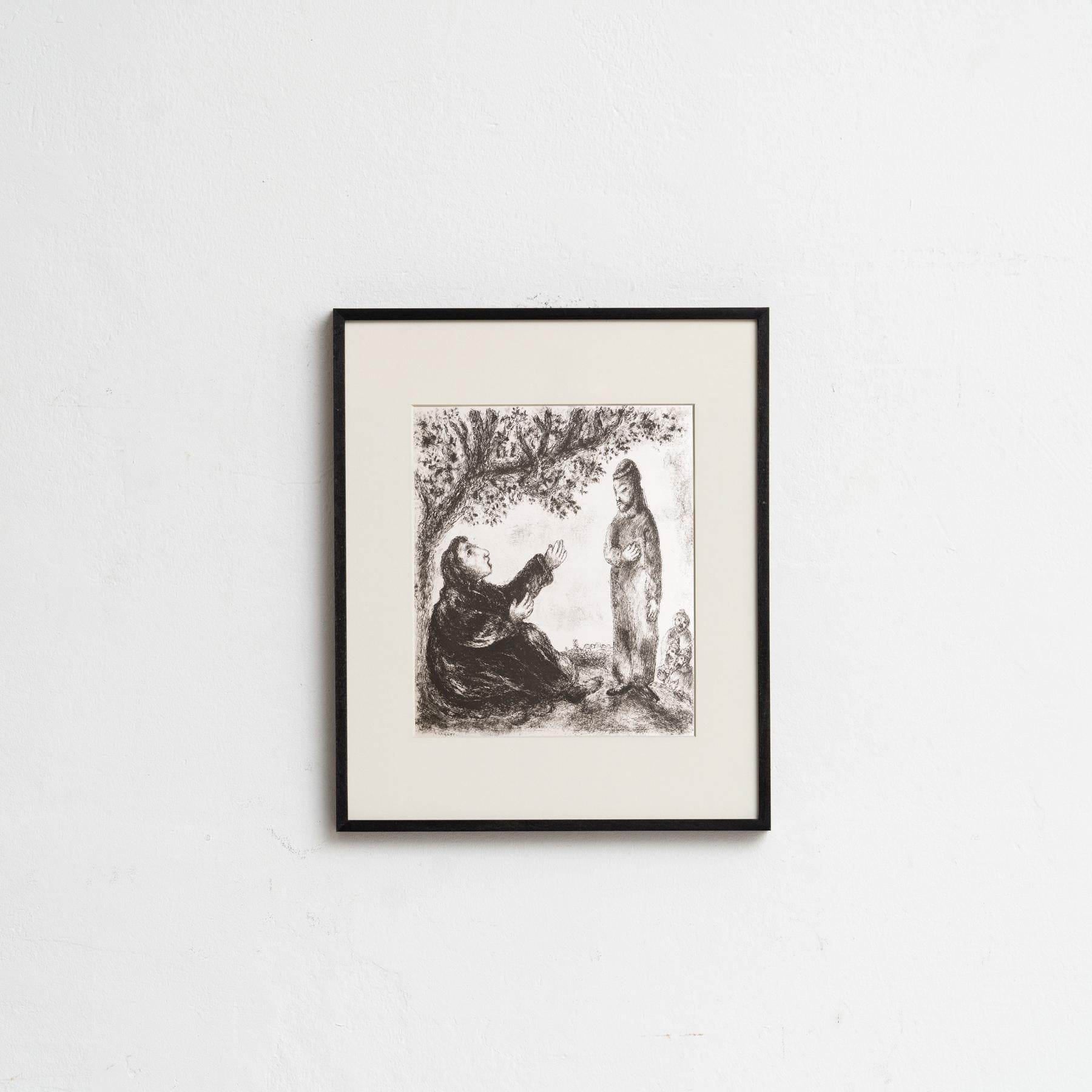 Découvrez une étonnante héliogravure en noir et blanc du célèbre Marc Chagall, capturant son interprétation unique d'un thème biblique avec son style onirique caractéristique. Cette estampe est issue de la série de publications Verve, présentée à