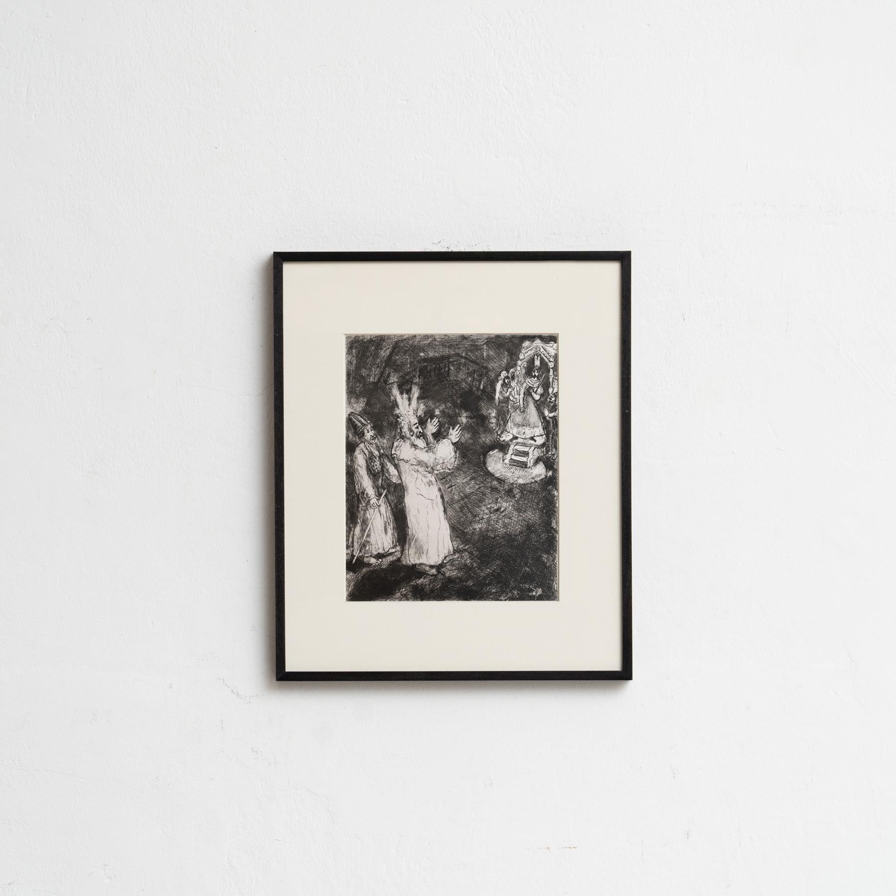 Descubre un impresionante heliograbado en blanco y negro del célebre Marc Chagall, que plasma su interpretación única de un tema bíblico con su característico estilo onírico. Este grabado pertenece a la serie de publicaciones Verve, y apareció