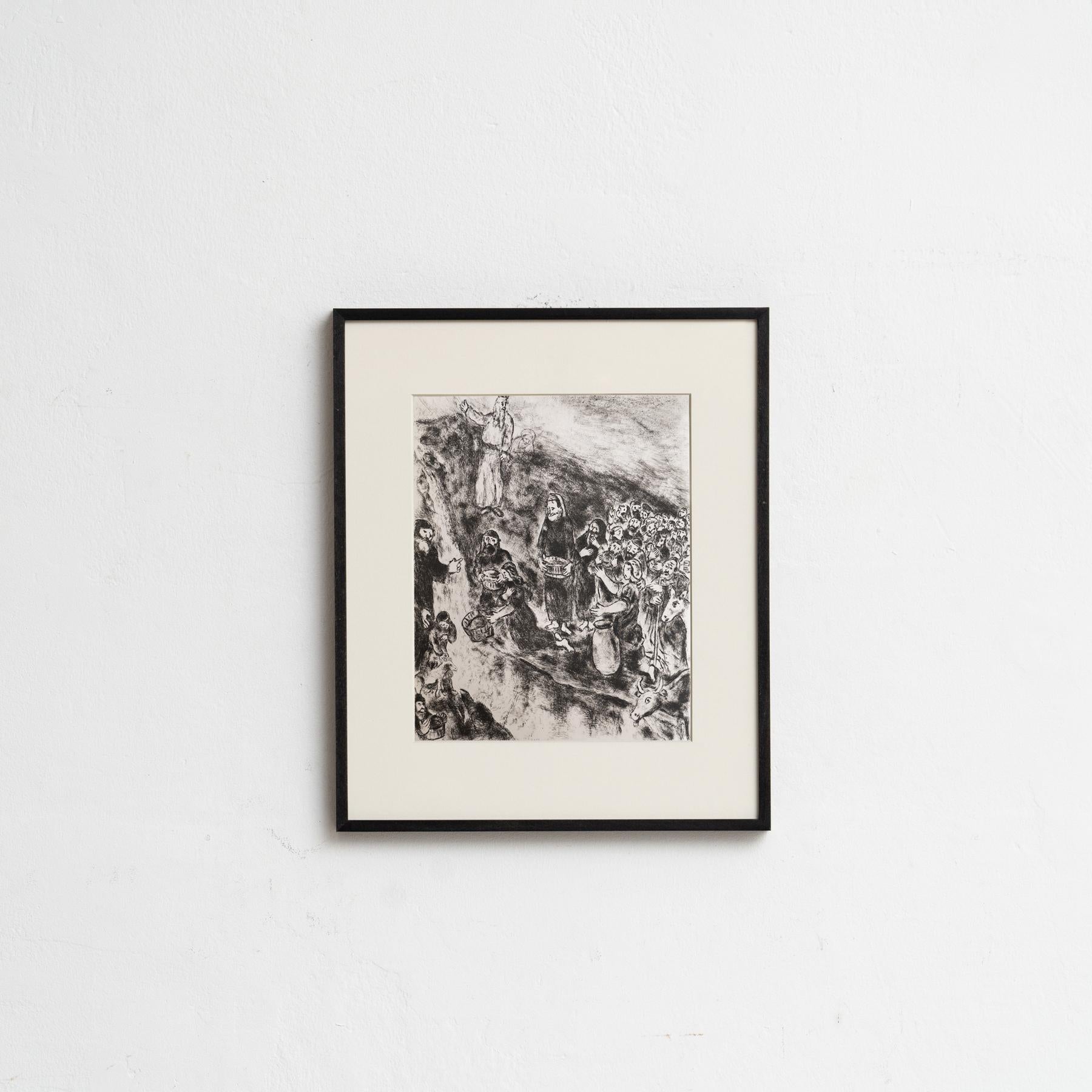 Descubre un impresionante heliograbado en blanco y negro del célebre Marc Chagall, que plasma su interpretación única de un tema bíblico con su característico estilo onírico. Este grabado pertenece a la serie de publicaciones Verve, y apareció