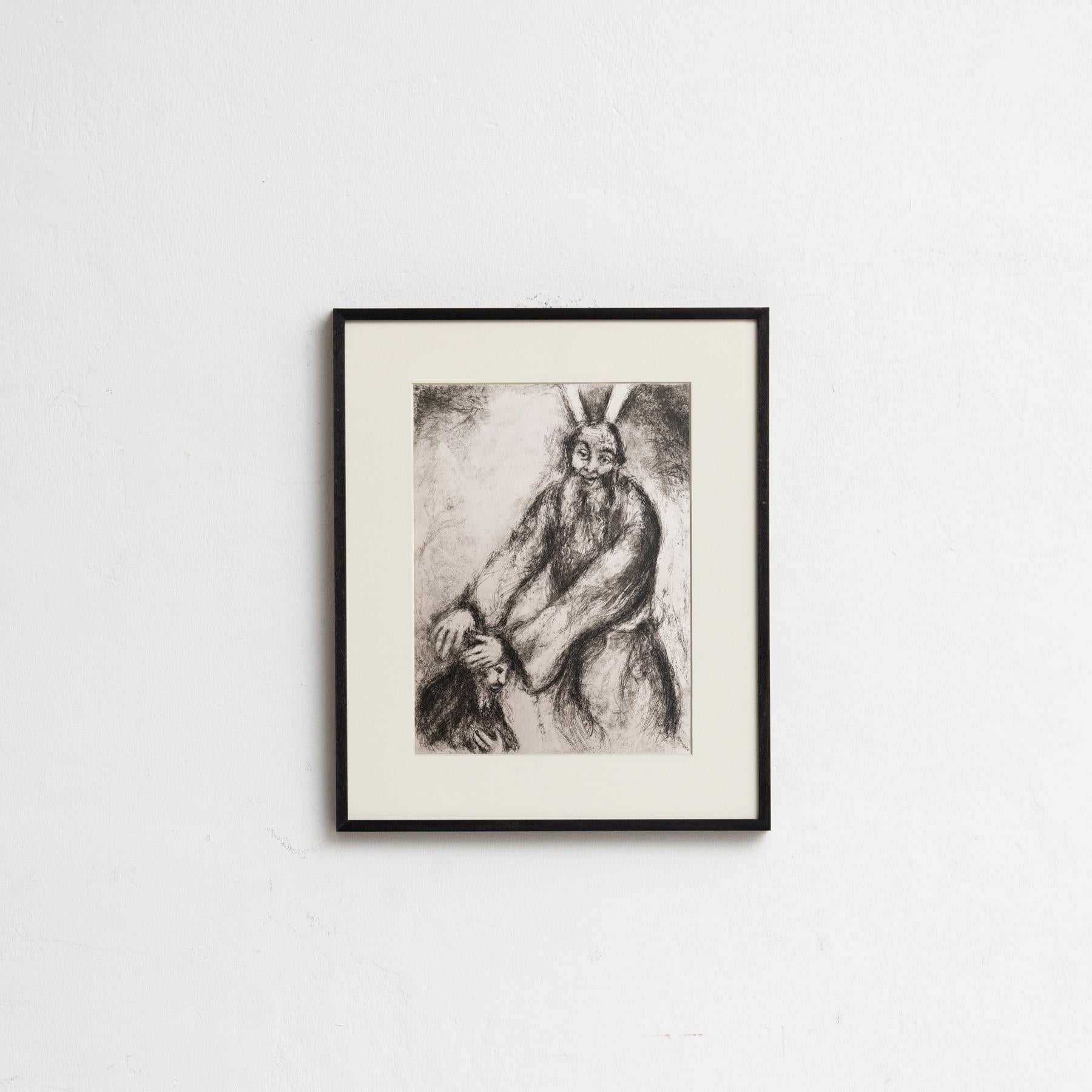 Descubre un impresionante heliograbado en blanco y negro del célebre Marc Chagall, que plasma su interpretación única de un tema bíblico con su característico estilo onírico. Este grabado pertenece a la serie de publicaciones Verve, y apareció