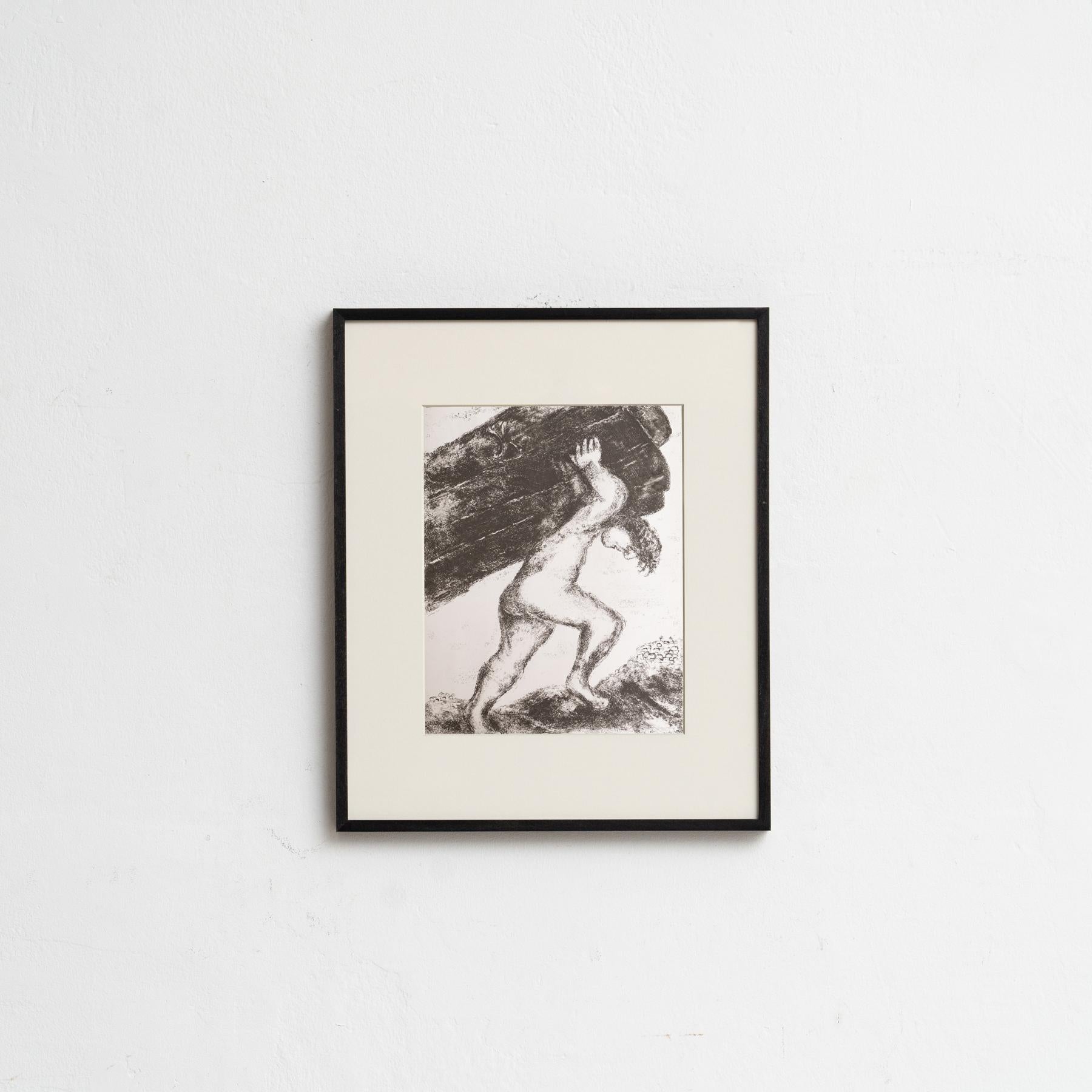 Descubre un impresionante heliograbado en blanco y negro del célebre Marc Chagall, que plasma su interpretación única de un tema bíblico con su característico estilo onírico. Este grabado pertenece a la serie de publicaciones Verve, y apareció