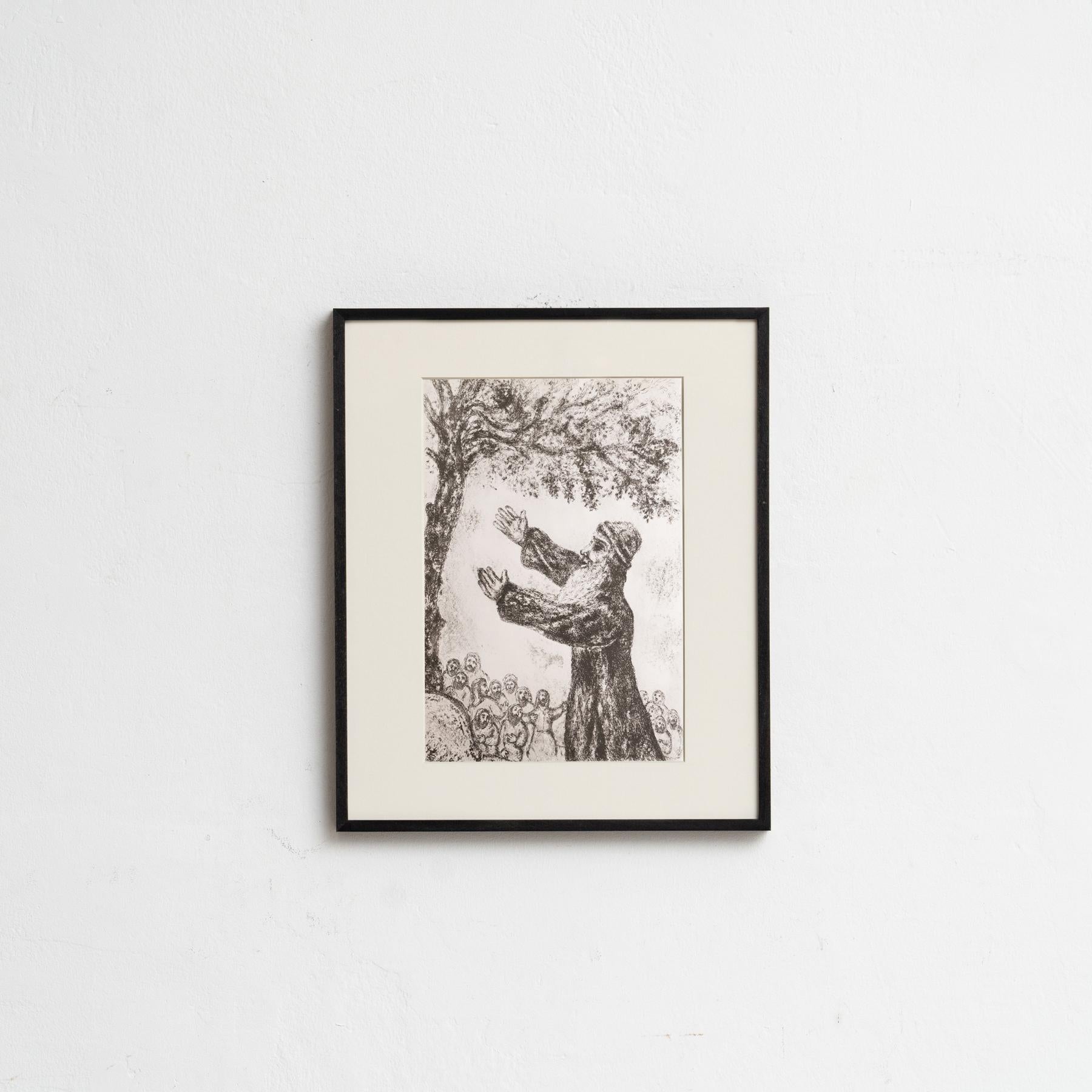 Descubre un impresionante heliograbado en blanco y negro del célebre Marc Chagall, que plasma su interpretación única de un tema bíblico con su característico estilo onírico. Este grabado pertenece a la serie de publicaciones Verve, y apareció