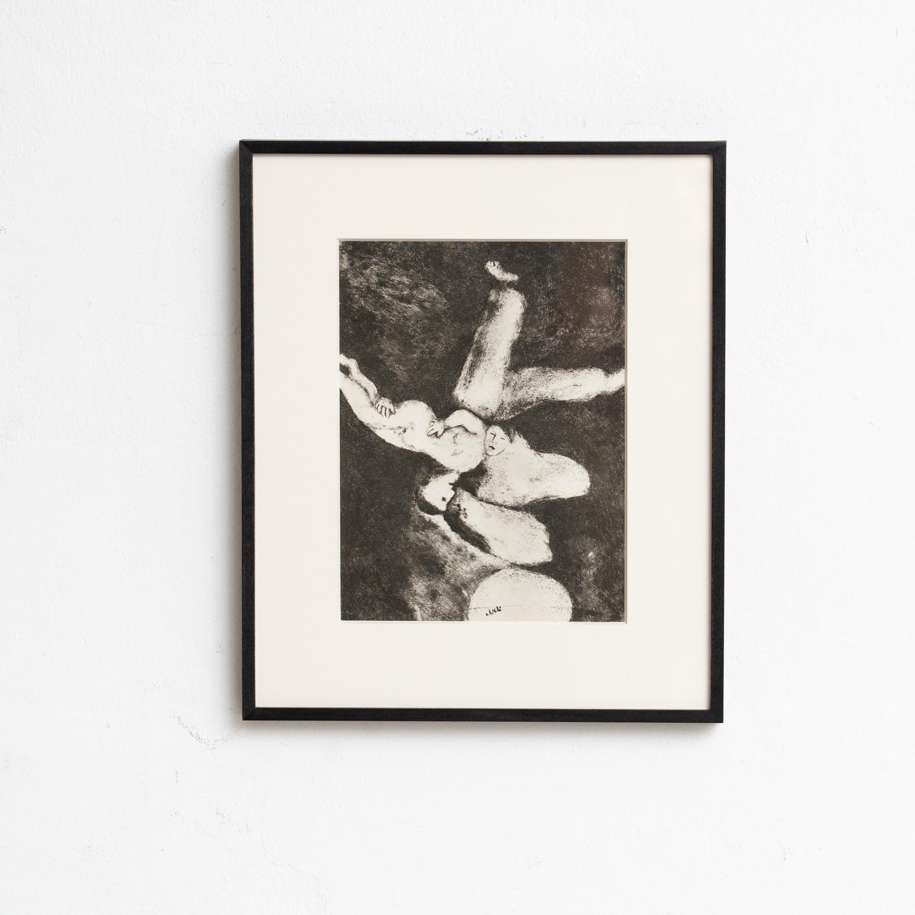 Descubre un impresionante heliograbado en blanco y negro del célebre Marc Chagall, que plasma su interpretación única de un tema bíblico con su característico estilo onírico. Este grabado pertenece a la serie de publicaciones Verve, y apareció
