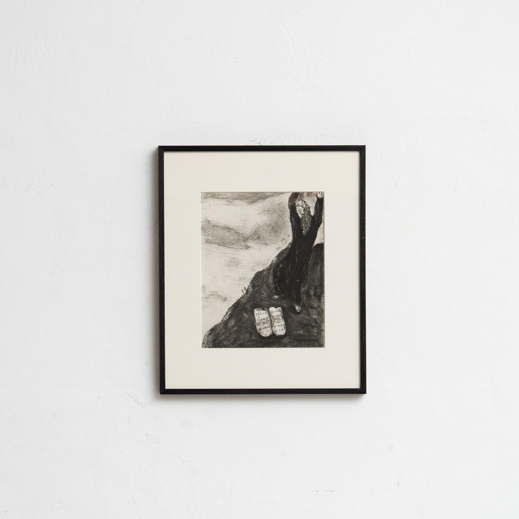 Descubre un impresionante heliograbado en blanco y negro del célebre Marc Chagall, que plasma su interpretación única de un tema bíblico con su característico estilo onírico. Este grabado pertenece a la serie de publicaciones Verve, y apareció