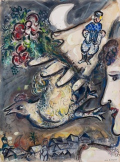 Profil de femme et main au coq by Marc Chagall - Russian painter, work on paper