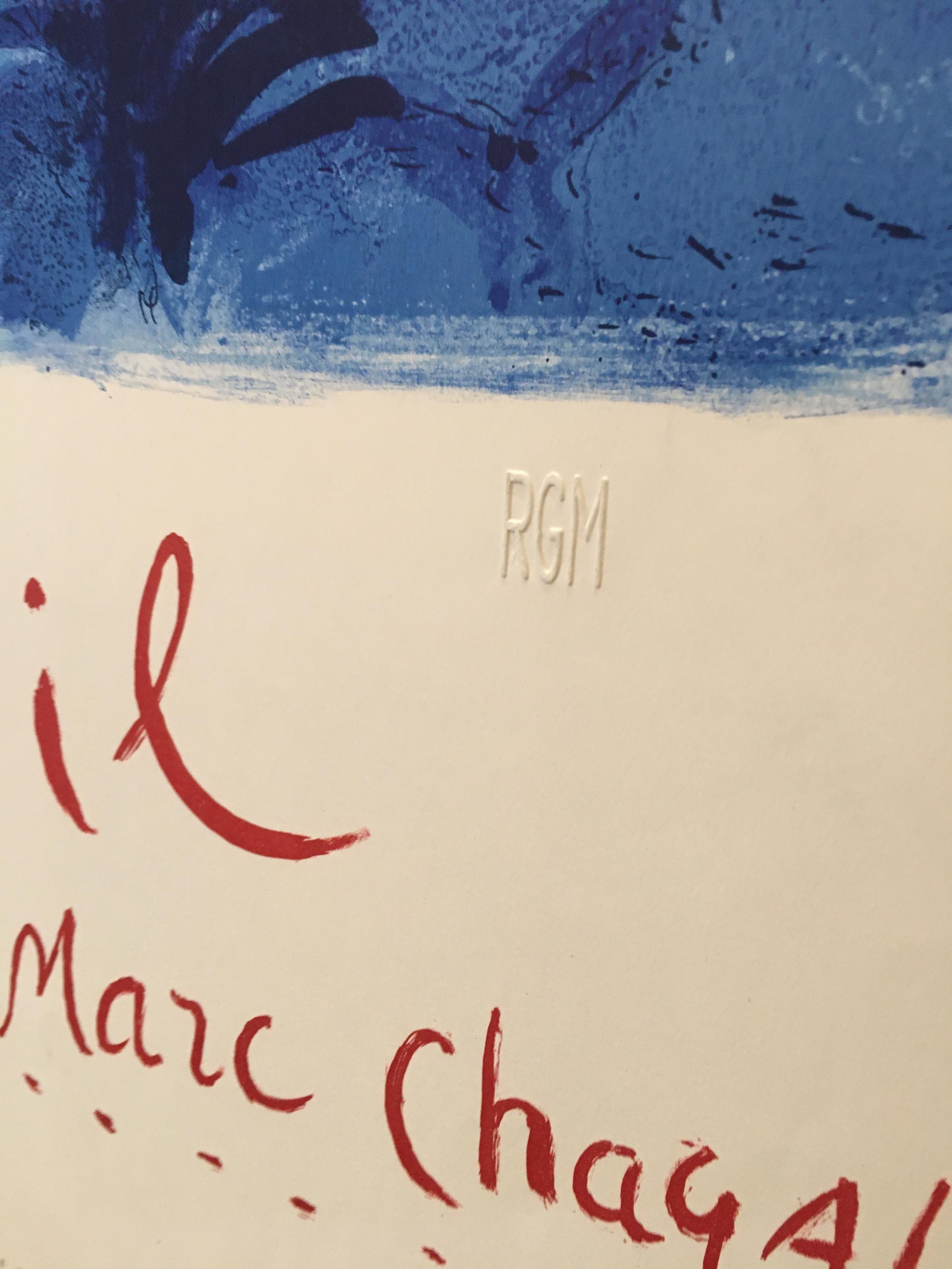Il s'agit d'une édition de luxe comportant un cachet à l'aveugle avec les inscriptions RGM. Cette affiche a été imprimée en France par et pour le gouvernement français.
Marc Chagall était un artiste franco-russe d'origine juive biélorusse.