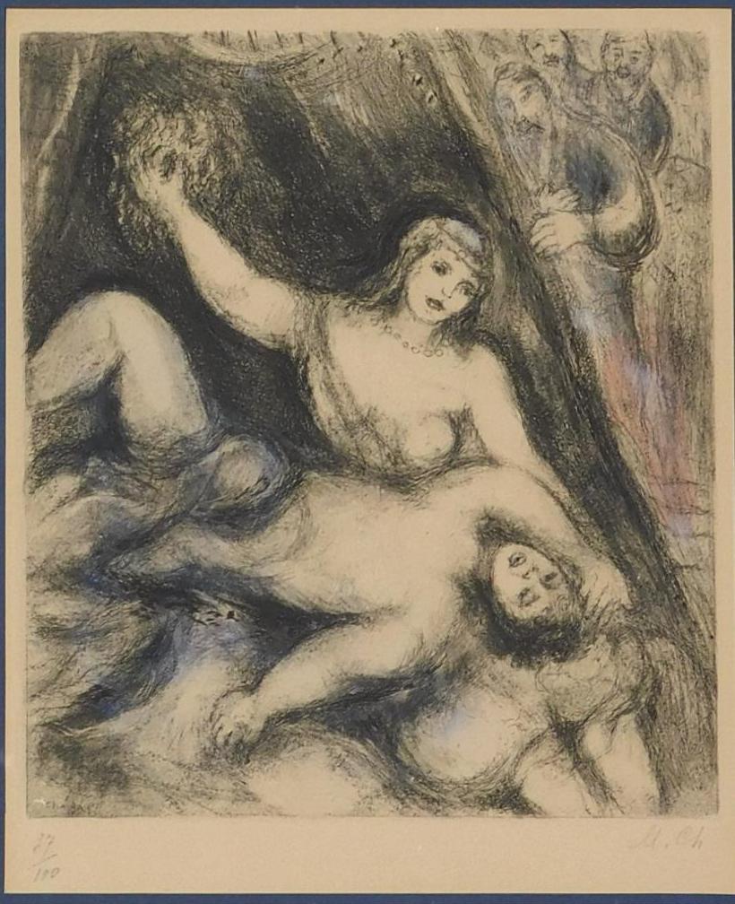 Artist:	Marc Chagall (1887 - 1985)
Title:	Samson and Delilah (from the Bible Series), 1931-1939.
Reference:	Cramer #30. Vollard #252, Illustrated on page 399. 
Medium:	Etching with hand-applied watercolor on Arches Paper
Image Size:	11  x 9 1/2 in