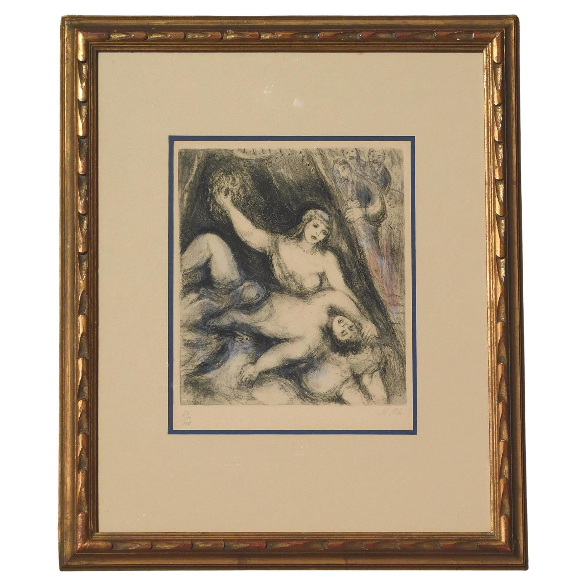 Marc Chagall Original Hand Colored Etching, 1931 - 1939 - Samson and Delilah For Sale