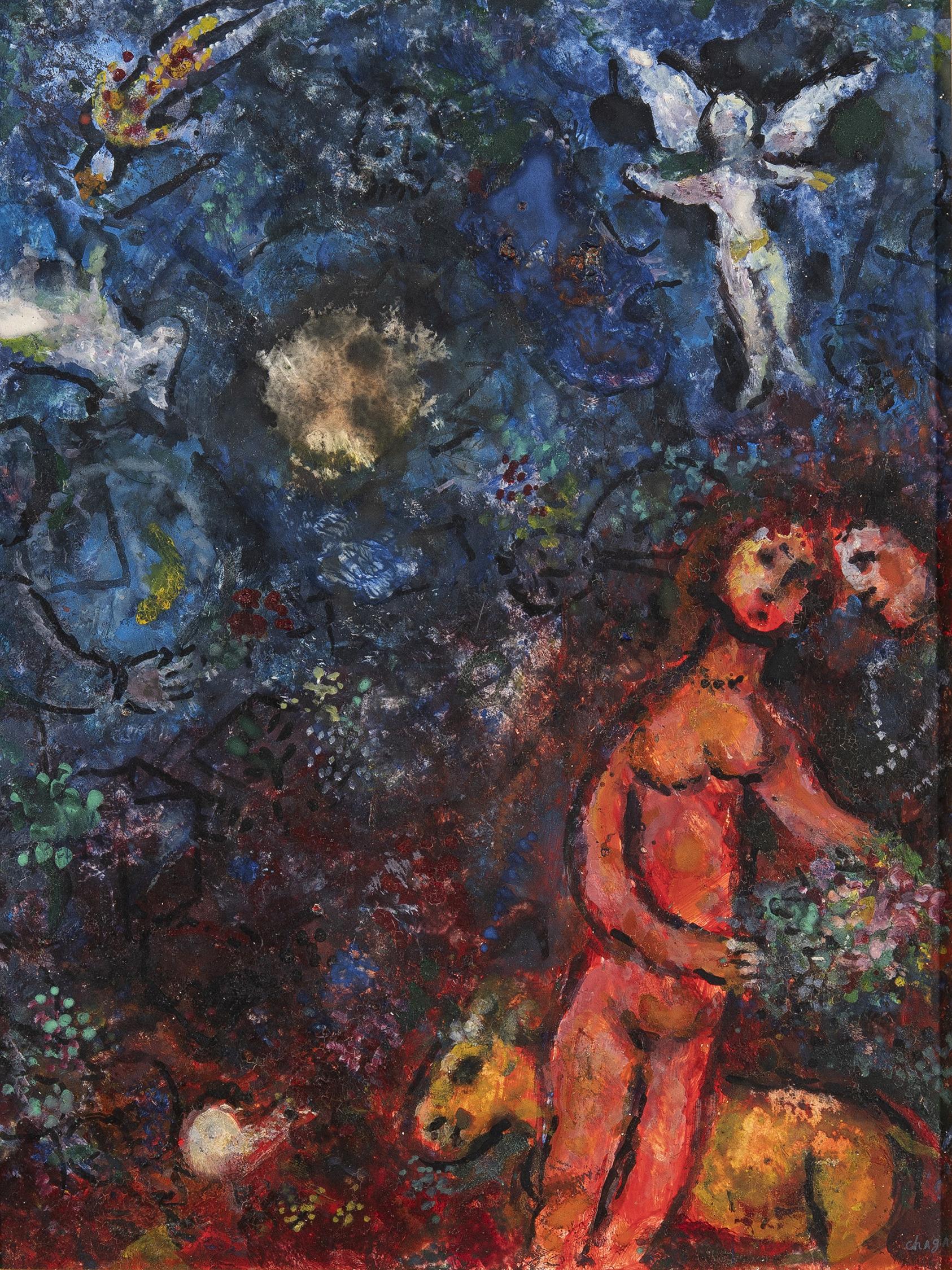 Marc Chagall
1887-1985 I Russian

Couple dans la nuit
(Couple in the night)

Signature stamp of the estate "Marc Chagall" (lower right)
Tempera and India ink on Masonite

Couple dans la nuit captures Marc Chagall’s profound engagement with both
