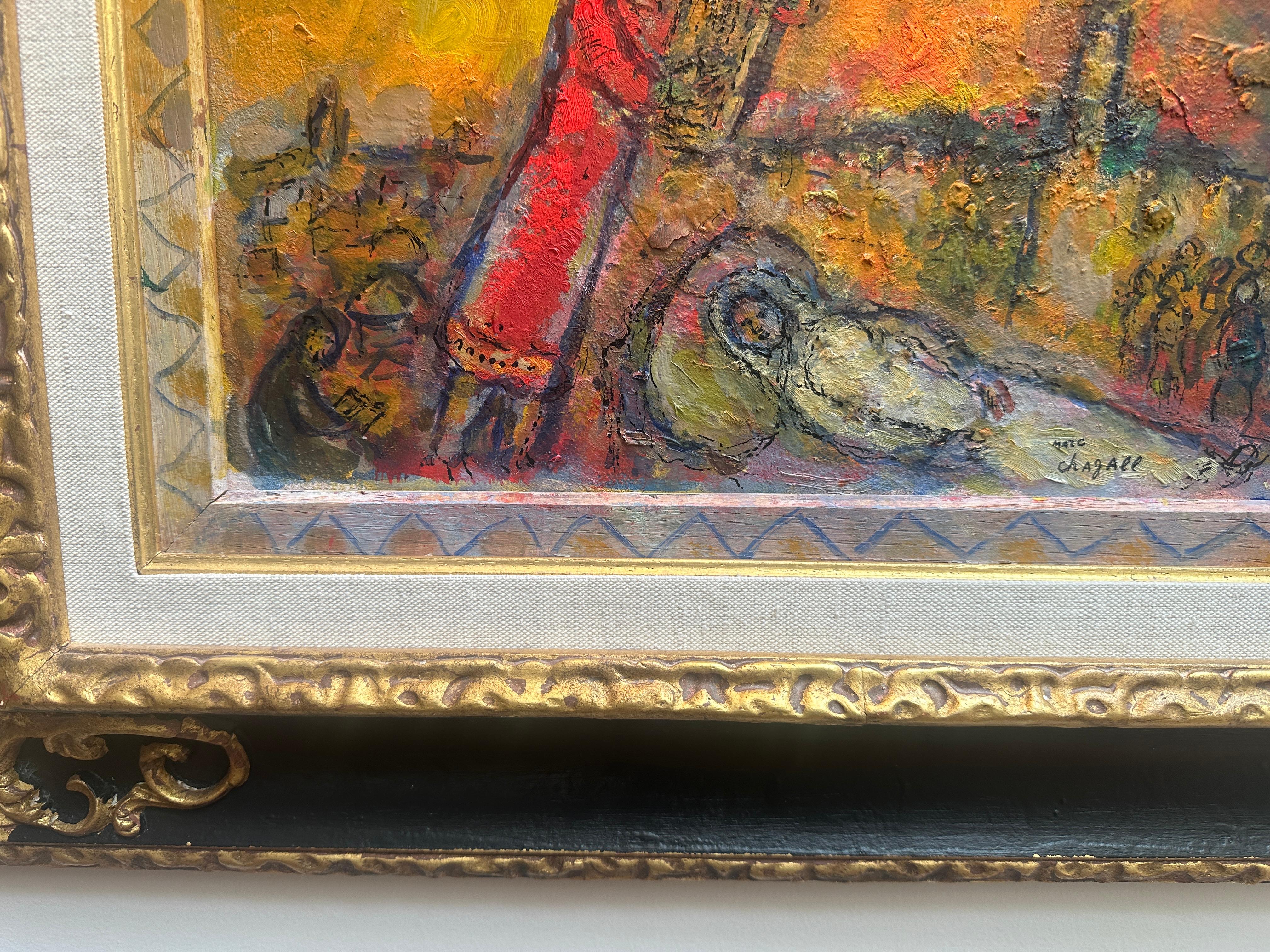 L'hymne du Roi David (King David's Dream)
Oil on wood by Marc Chagall c late 70's
Comes with Numbered and Verified Certificate of Authenticity from Comite Chagall in Paris signed and numbered by Jean-Louis Prat.
Frame around the painting is painted