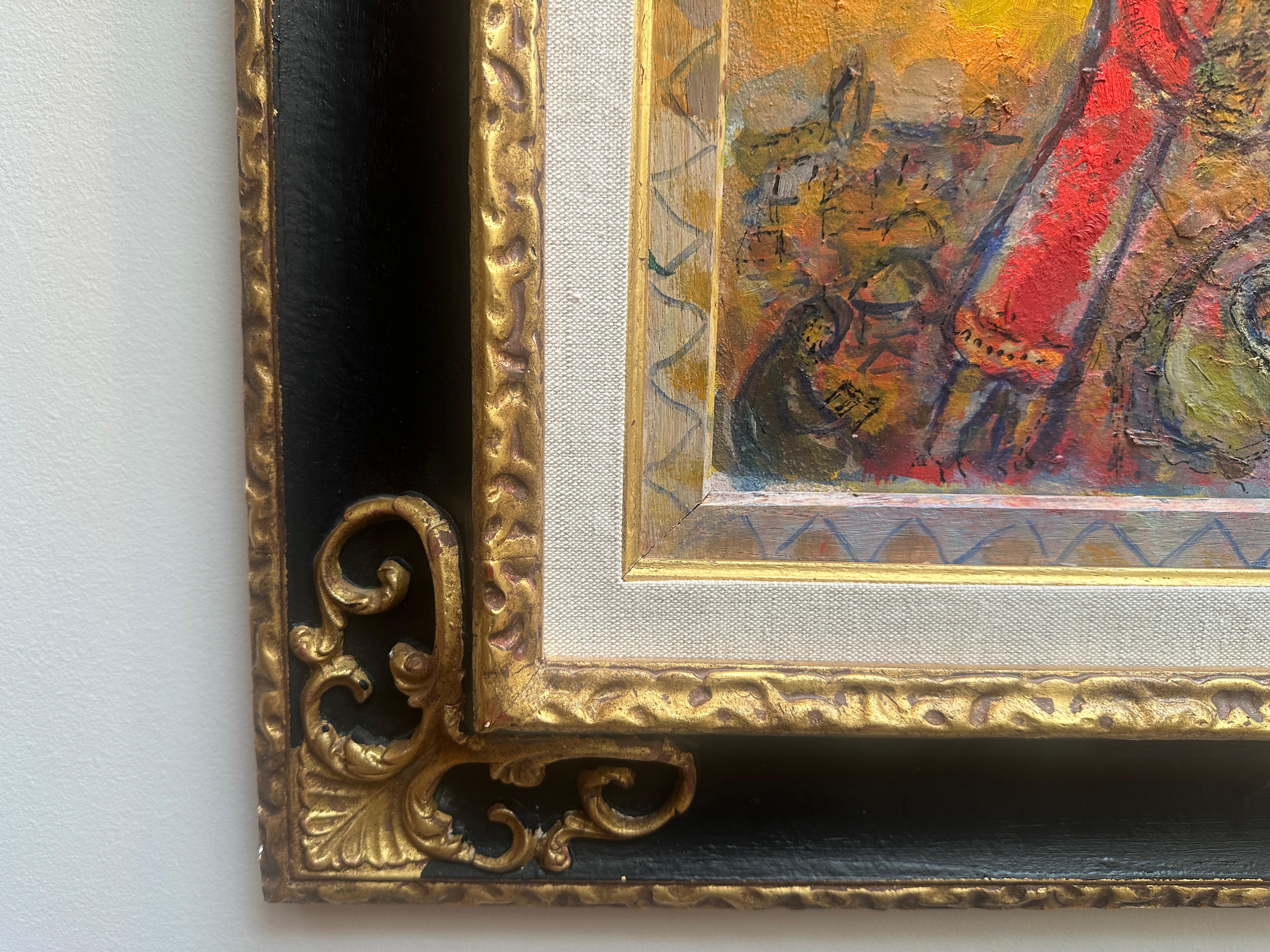 L'hymne du Roi David (Der Traum des Königs David)
Öl auf Holz von Marc Chagall, Ende der 70er Jahre
Kommt mit nummerierten und geprüften Echtheitszertifikat von Comite Chagall in Paris unterzeichnet und nummeriert von Jean-Louis Prat.
Der Rahmen um