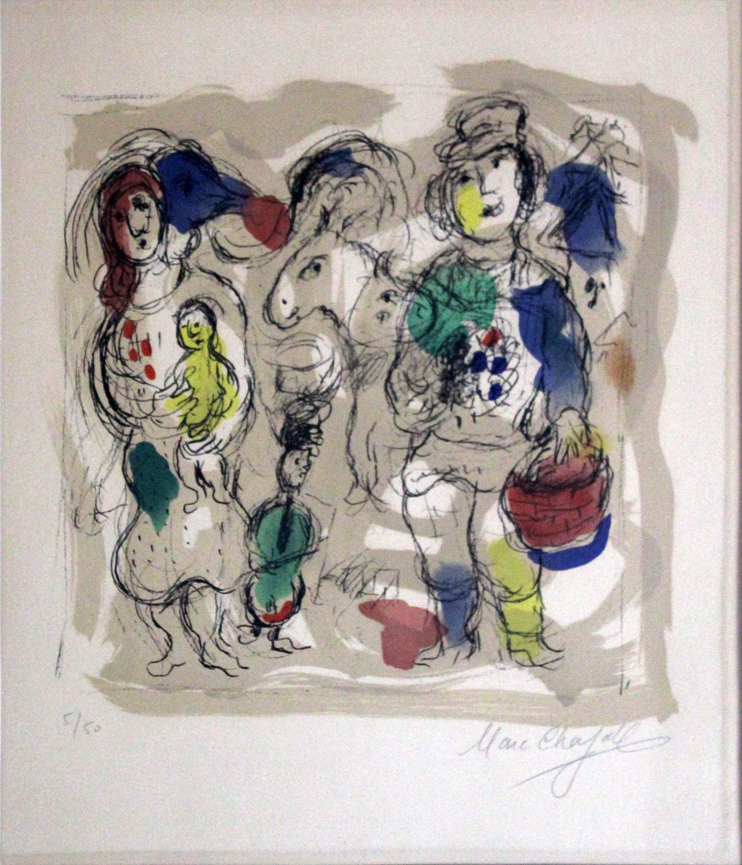 A lovely limited edition color lithograph on Arches paper titled Petits Paysans I (Little Peasants) by Marc Chagall. Signed on the bottom right with an annotation of 5/50 on the bottom left. Published by Maeght, Paris. A romantic image of floating