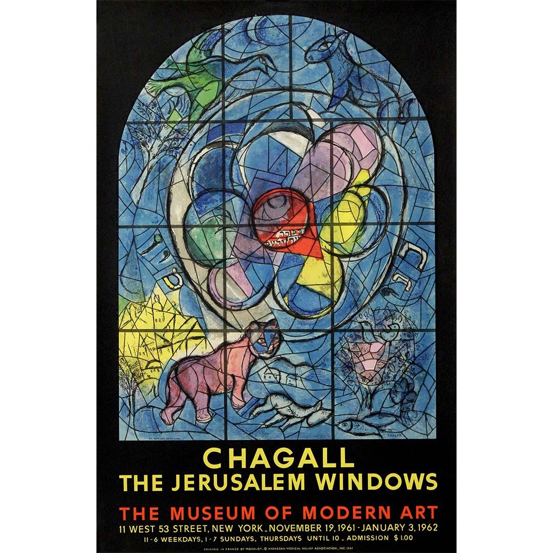 This exceptional 1961 original exhibition poster was created for “The Jerusalem Windows” by Marc Chagall, presented at the Museum of Modern Art in New York. It celebrates one of the artist’s most spiritual and ambitious projects: the series of