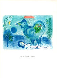 1963 After Marc Chagall 'Paysage du Coq' Modernism Blue, Green Offset Lithograph