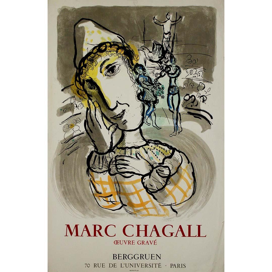 Das Original-Ausstellungsplakat von Marc Chagall mit dem Titel "Oeuvre gravée", das 1967 in der Galerie Berggruen gezeigt wurde, zeugt von der Meisterschaft des Künstlers in der Druckgrafik und von seinem anhaltenden Einfluss auf die Welt der
