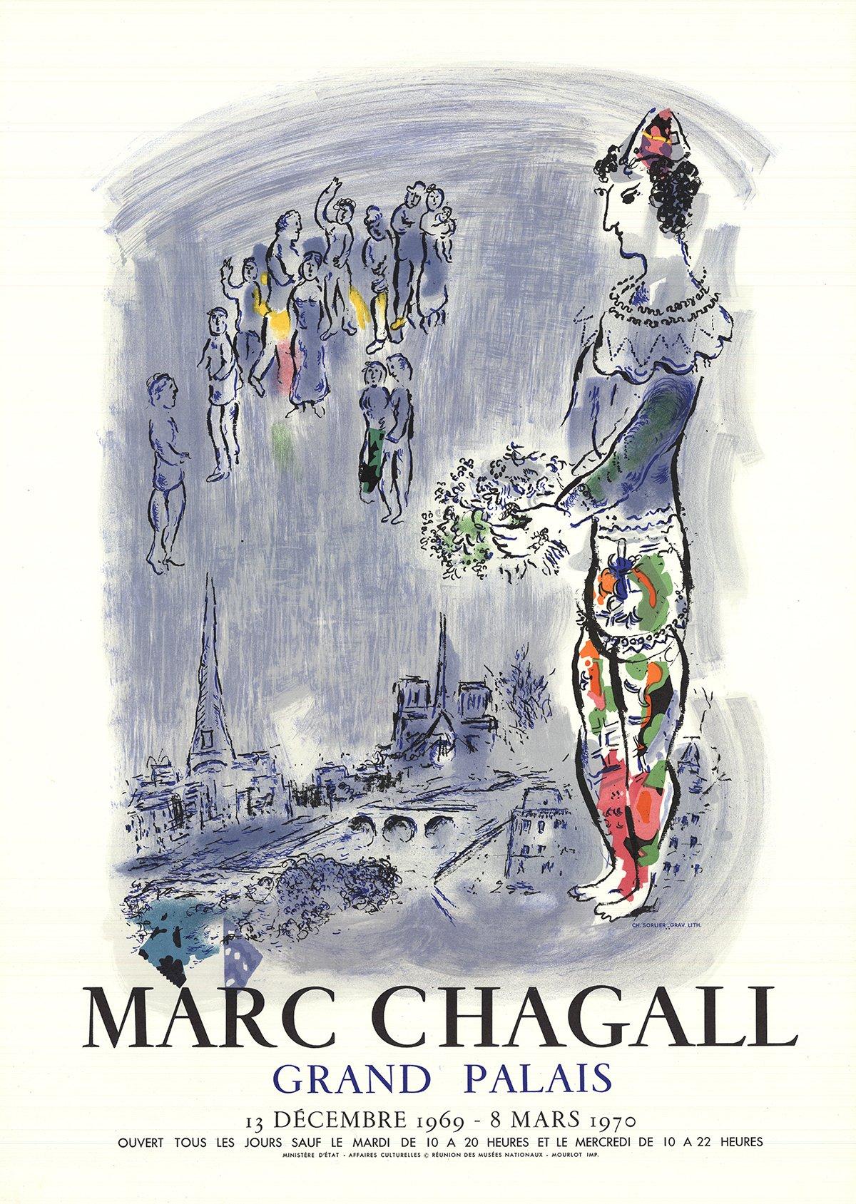 Paper Size: 28 x 20 inches ( 71.12 x 50.8 cm )
 Image Size: 20.5 x 17 inches ( 52.07 x 43.18 cm )
 Framed: No
 Condition: A-: Near Mint, very light signs of handling
 
 Additional Details: Exhibition poster for Marc Chagall at the Grand Palais Dec