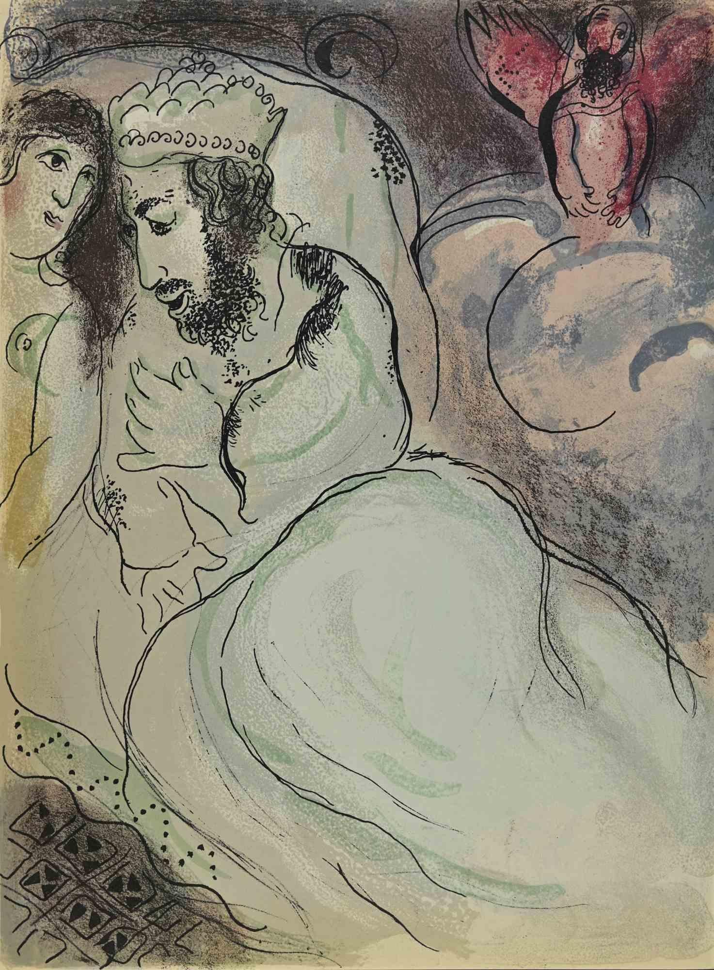 Abimelech  is an artwork from the Series "The Bible", by Marc Chagall in 1960.
Mixed colored lithograph on brown-toned paper, no signature.
Edition of 6500 unsigned lithographs. Printed by Mourlot and published by Tériade, Paris.
Ref. Mourlot, F.,