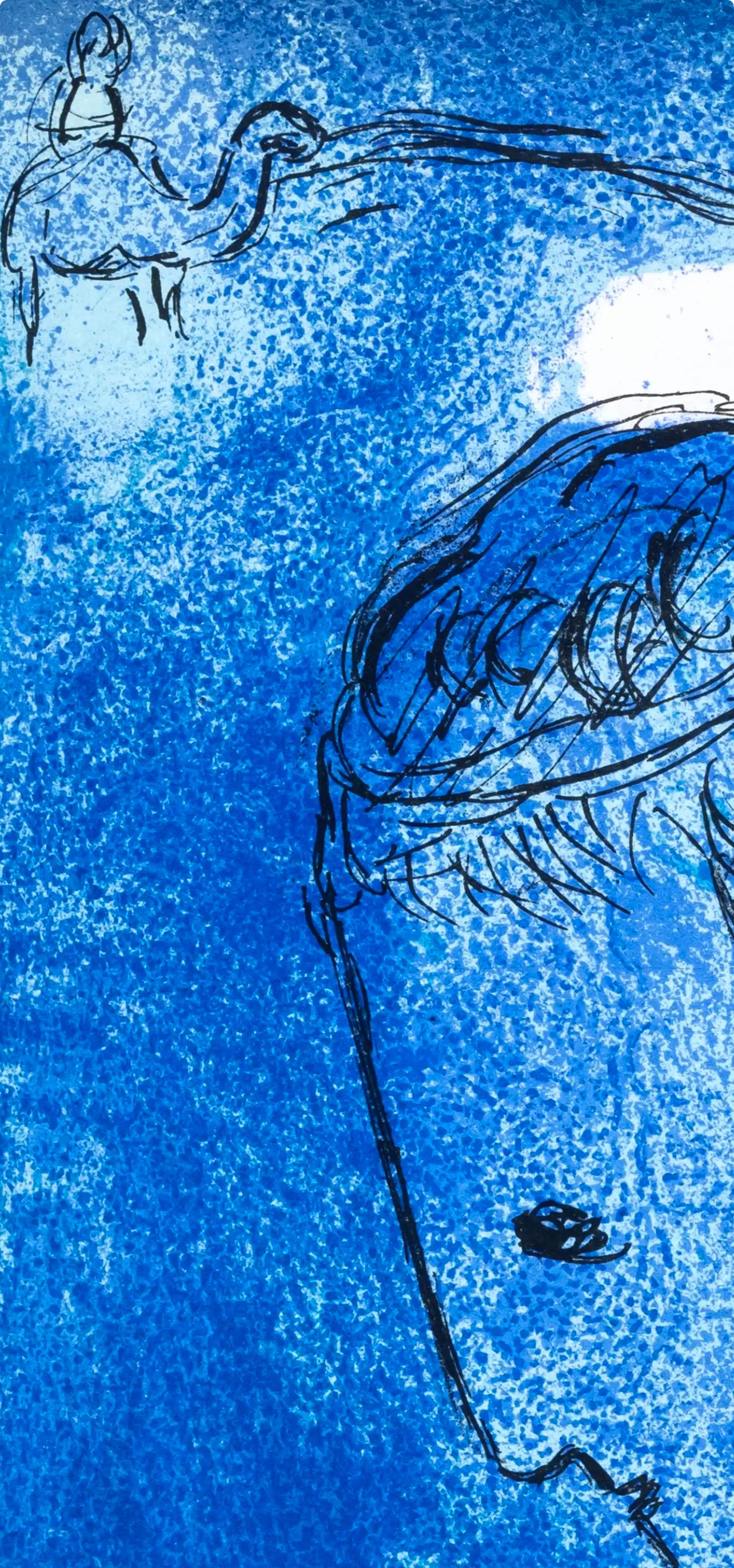 Abraham et Sarah (Mourlot 117-46; Cramer 25), Dessins Pour La Bible - Blue Landscape Print by Marc Chagall