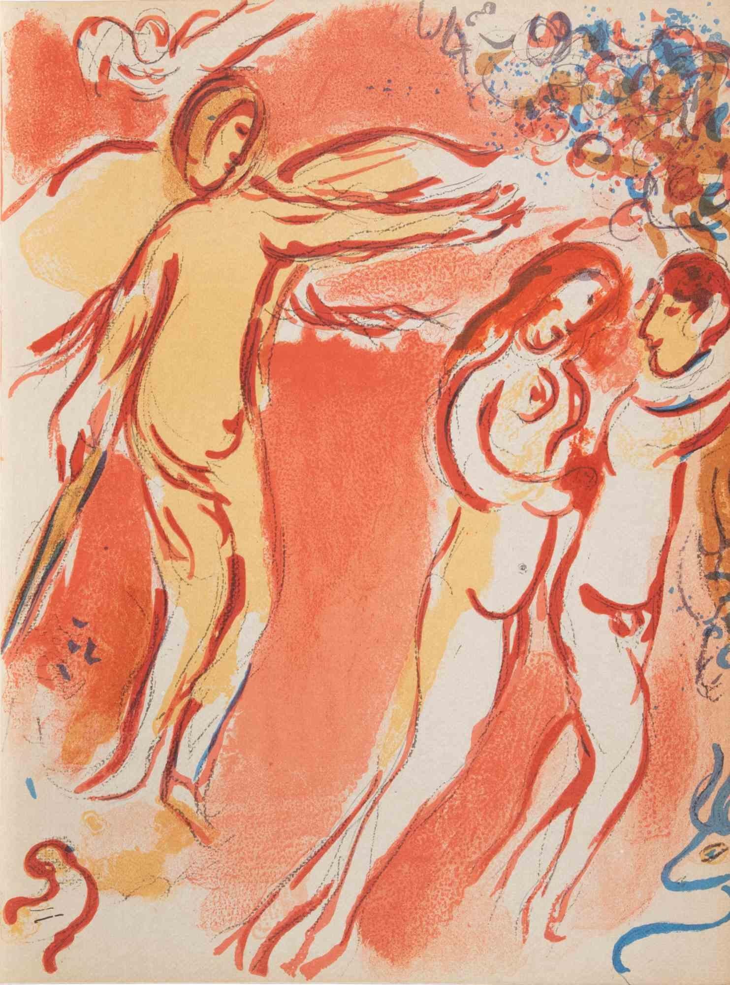 Color lithograph realized by Marc Chagall in 1960 to illustrate "The Bible". 

Edition of 6500, published by Tériade in no. 33 and 34 of the Art Magazine Verve.

Printed by Mourlot and Draeger Frères, Paris.

Ref. Cramer Books 25; Mourlot 117-146