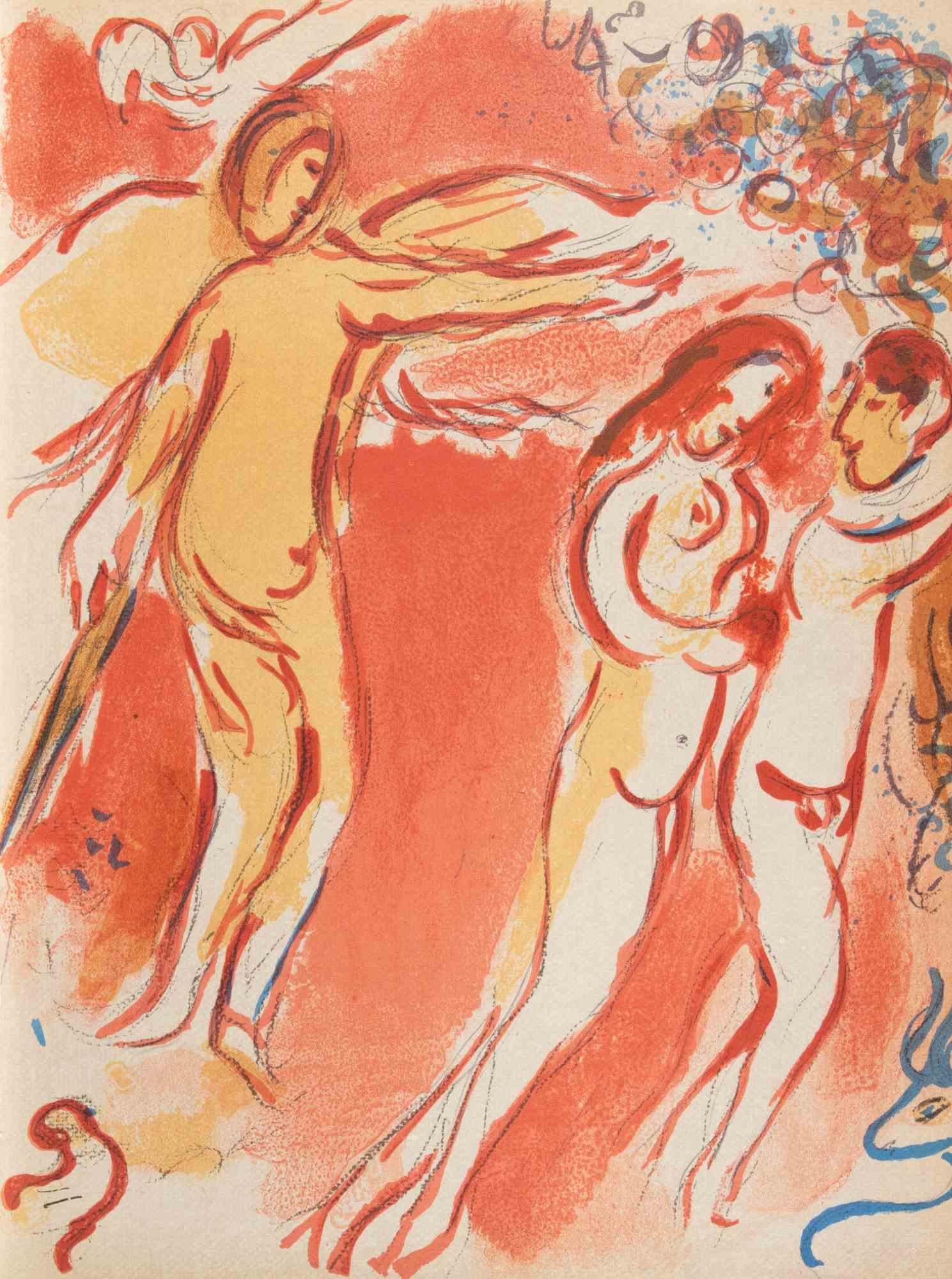 Color lithograph realized by Marc Chagall in 1960 to illustrate "The Bible". 

Edition of 6500, published by Tériade in no. 33 and 34 of the Art Magazine Verve.

Printed by Mourlot and Draeger Frères, Paris.

Ref. Cramer Books 25; Mourlot 117-146