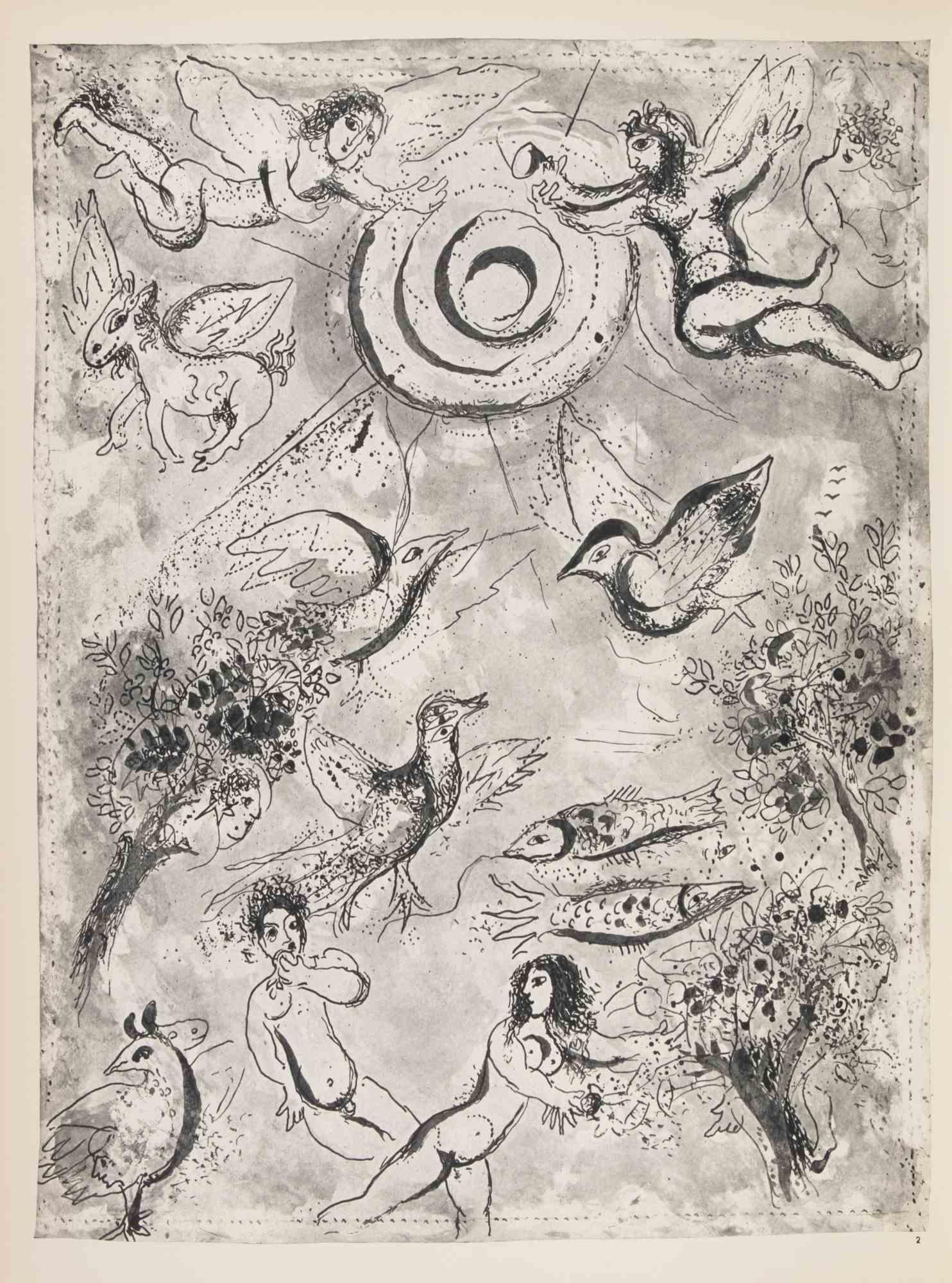 Héliogravure on brown-toned paper, so signature.

On bot sheets, recto and verso.

Edition of 6500 unsigned copies. Printed by Mourlot and published by Tériade, Paris.

Ref. Mourlot, F., Chagall Lithograph II 1957-1962, A. Sauret, Monte Carlo,