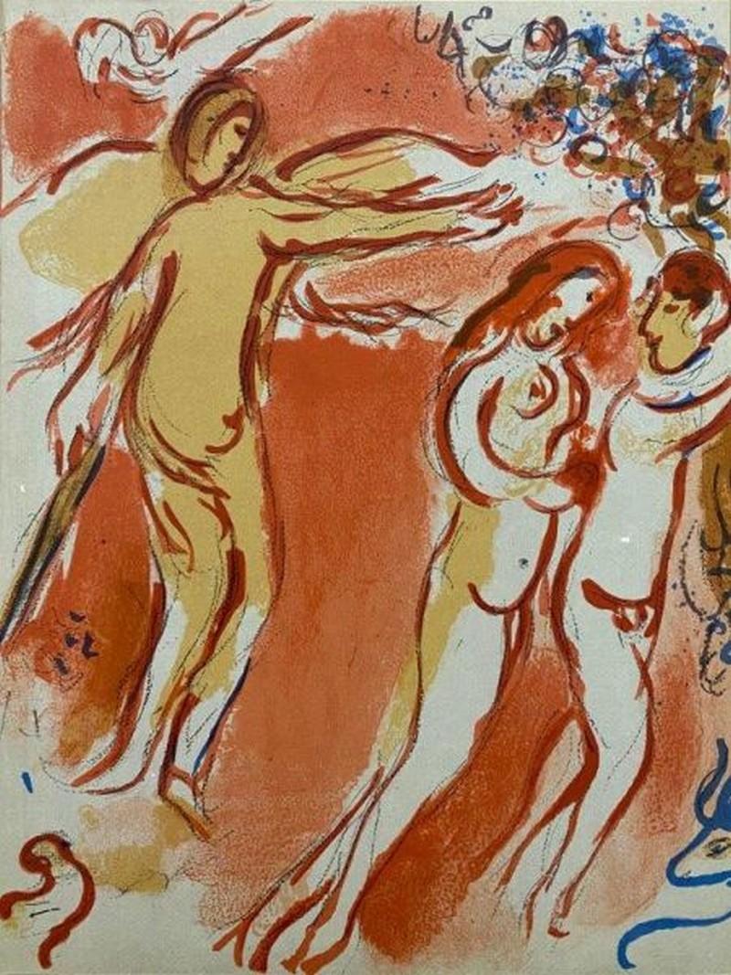 Marc Chagall Figurative Print – Adam und Eva im irdischen Paradies gefangen