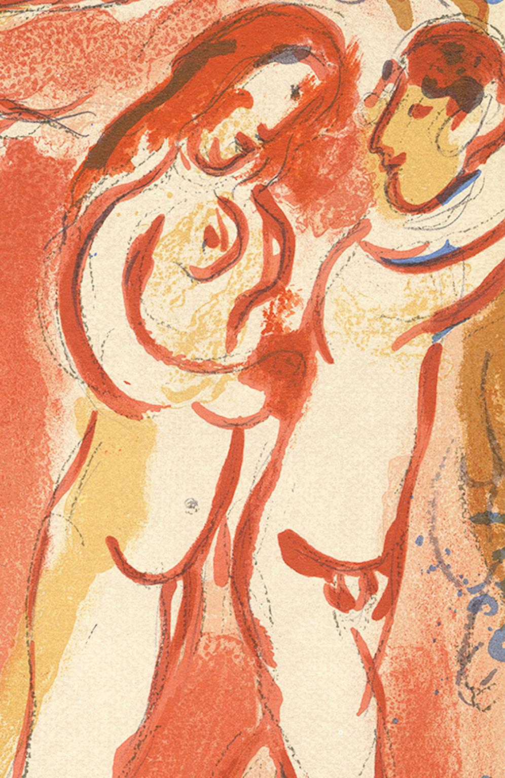 20e siècle lithographie en couleurs personnages nus rouge et orange - Print de Marc Chagall