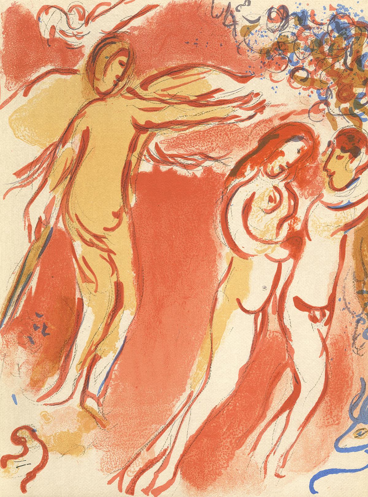 Figurative Print Marc Chagall - 20e siècle lithographie en couleurs personnages nus rouge et orange