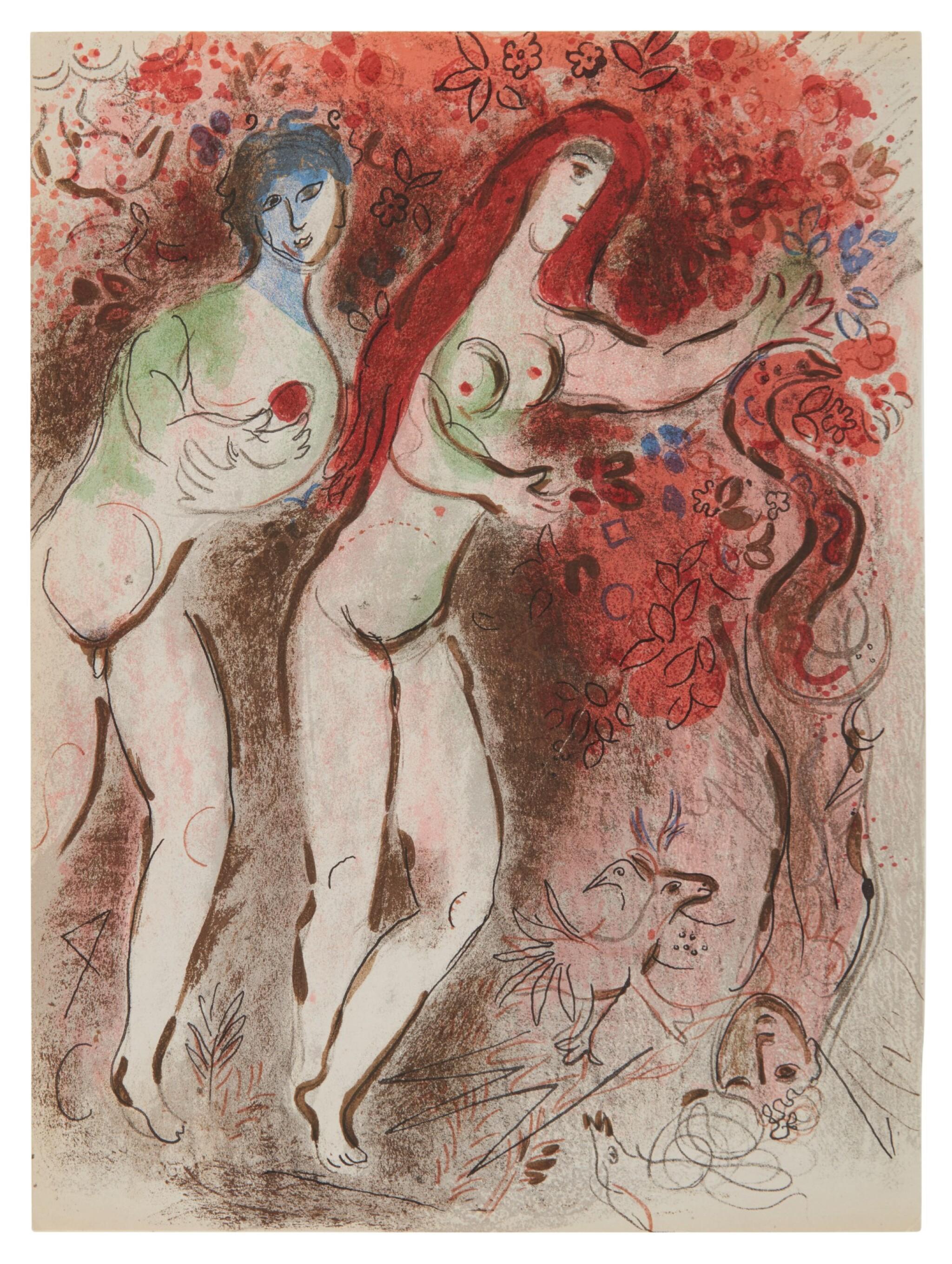 Lithographie auf Vélin des Papeteries du Marais Papier. Papierformat: 14 x 10,25 Zoll. Beschriftung: Unsigniert und nicht nummeriert, wie ausgegeben. Werkverzeichnis Referenzen: Mourlot, Fernand. Chagall, Lithographien II: 1957-1962. André Sauret,