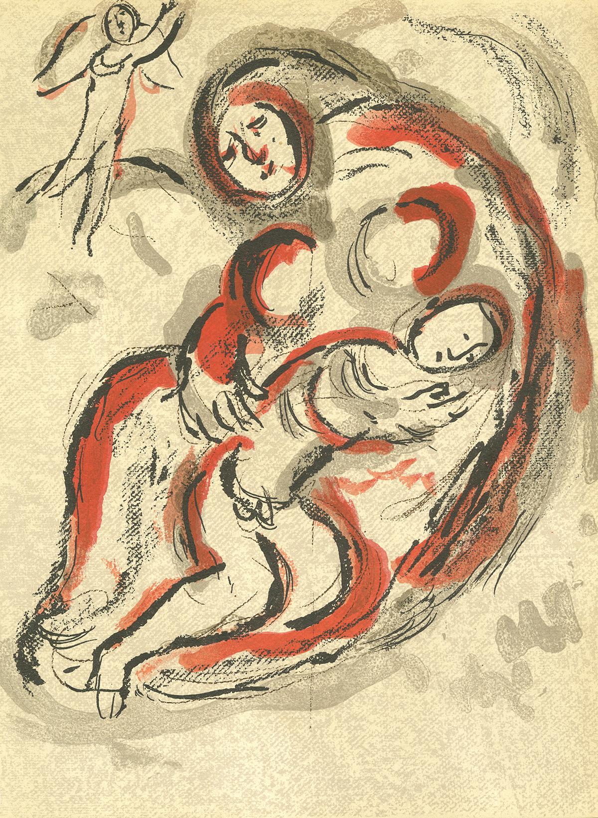 Marc Chagall Figurative Print - 20th century color lithograph nude figures red and black mother and child