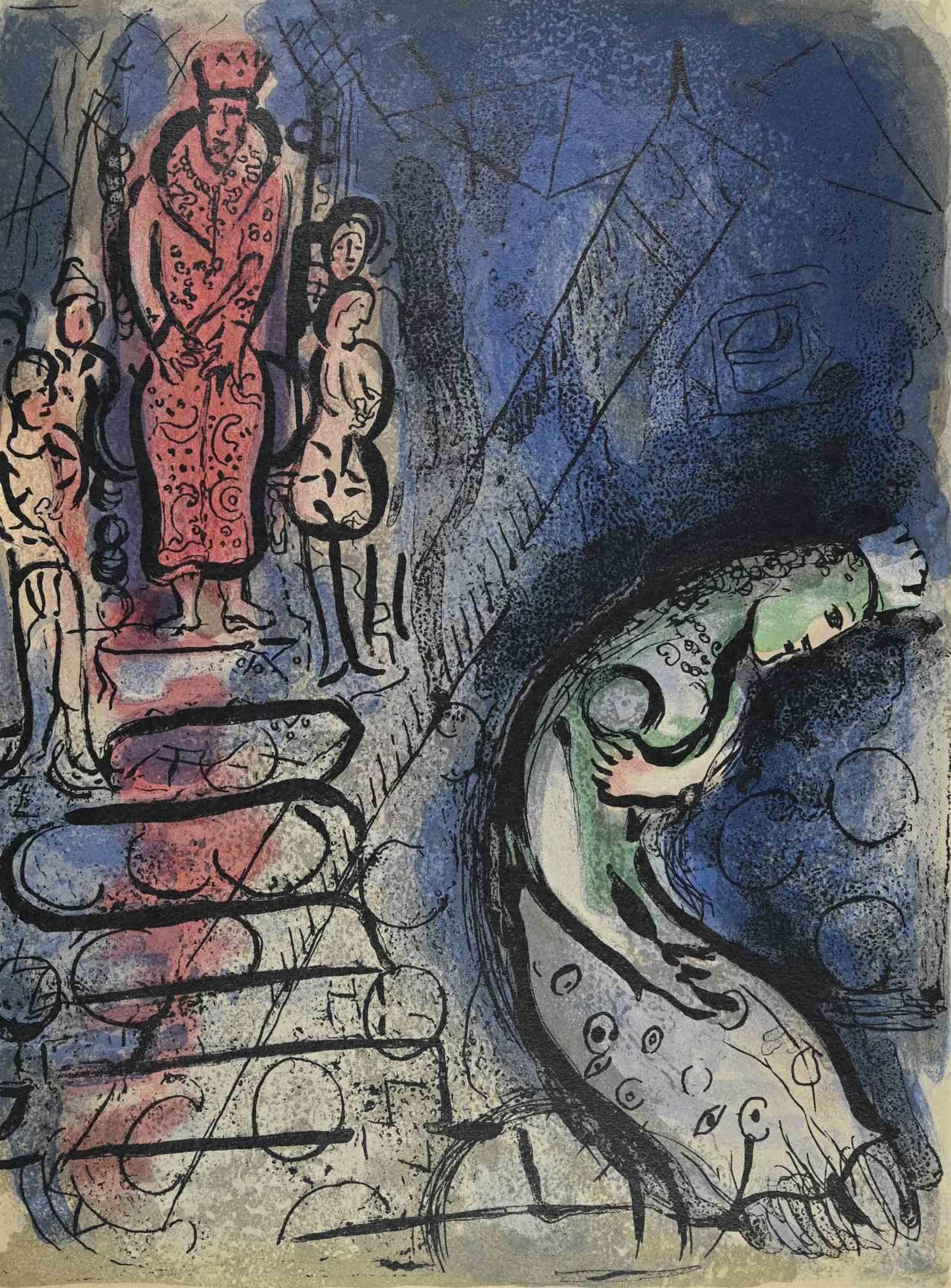 Ahasuerus sends Vasthi away  is a an artwork from the Series "The Bible", by Marc Chagall in 1960.

Mixed colored lithograph on brown-toned paper, no signature.

Edition of 6500 unsigned lithographs. Printed by Mourlot and published by Tériade,