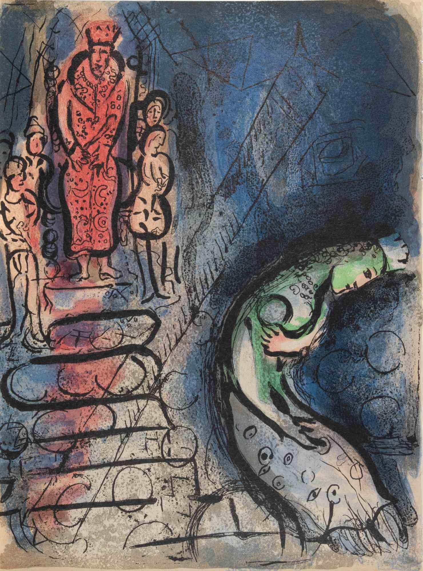 Color lithograph realized by Marc Chagall in 1960 to illustrate "The Bible". 

Edition of 6500, published by Tériade in no. 33 and 34 of the Art Magazine Verve.

Printed by Mourlot and Draeger Frères, Paris.

Ref. Cramer Books 25; Mourlot 117-146