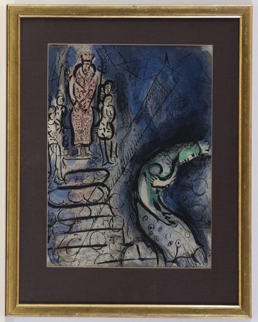 Ahasuerus Sends Vasthi Away is a color lithograph on paper realized by the great artist Marc Chagall (1887-1985) in the 1960s.

Framed under an unopened glass. Passepartout included. Very good conditions.

This artwork is one of the 24 lithographs