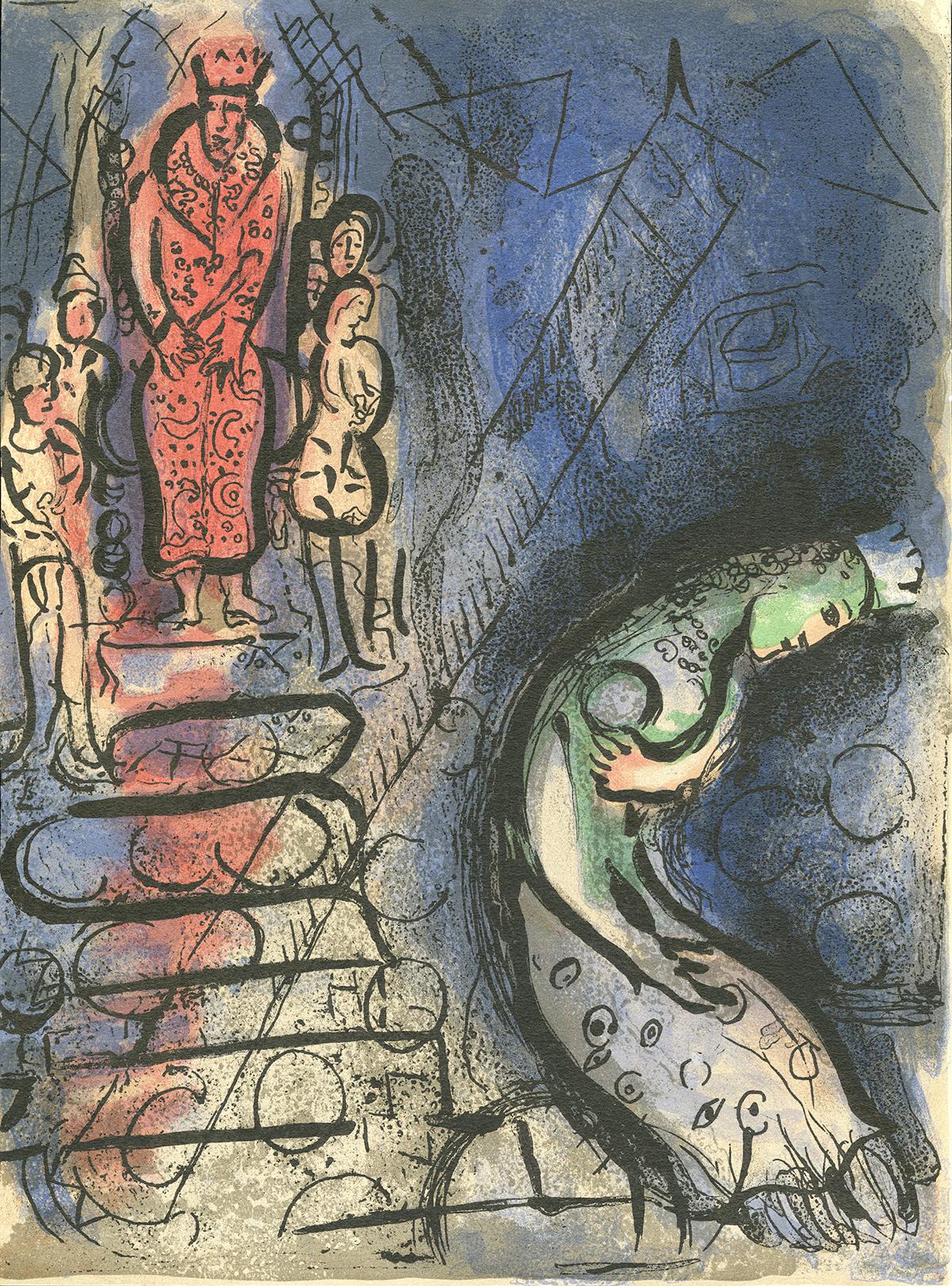 Marc Chagall Figurative Print - "Assuérus Chasse Vashti (Ahasuerus Sends Vashti Away)" Original Color Lithograph