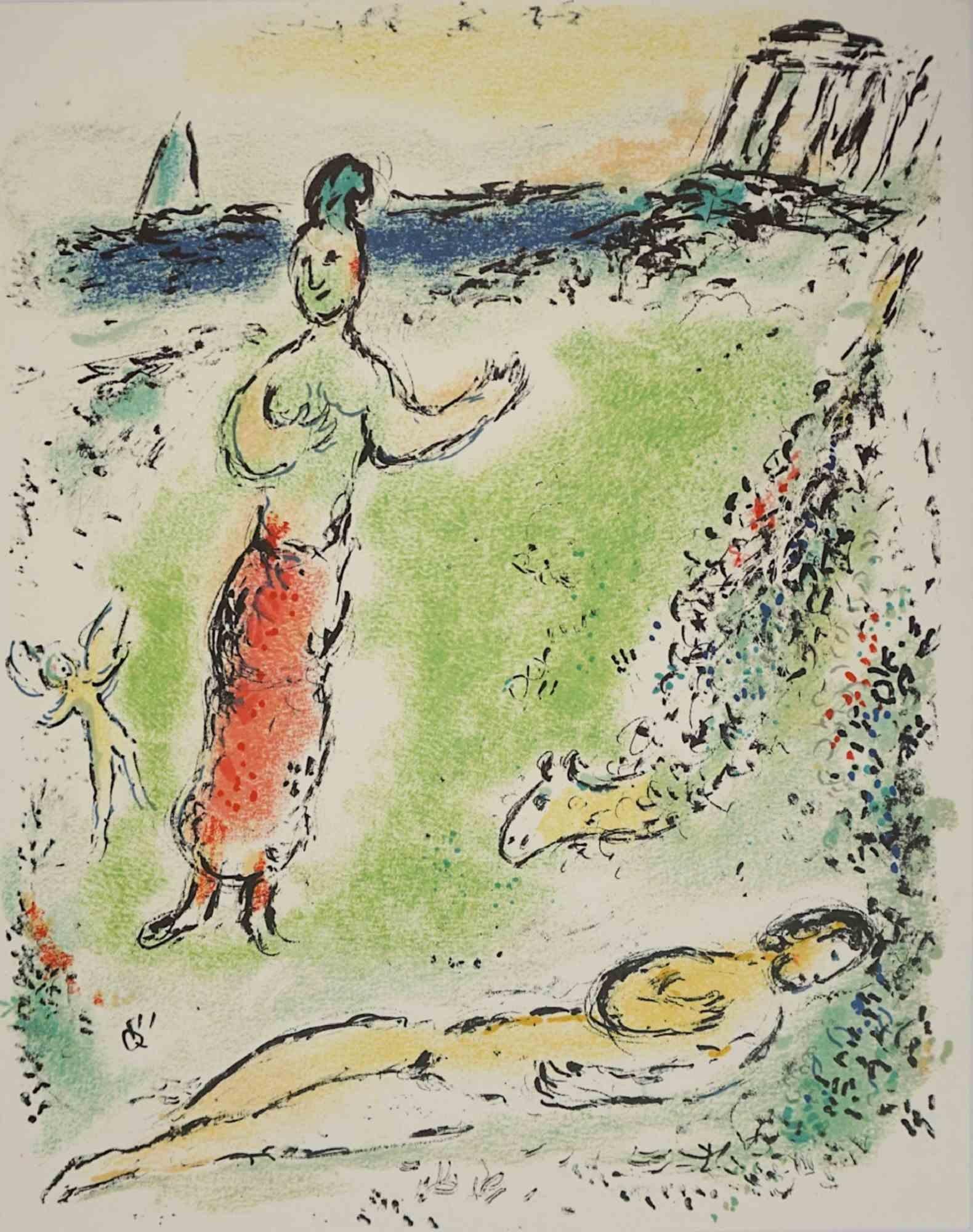 Athena puts Odysseus to sleep is a splendid artwork realized by Marc Chagall in 1975.

Mixed colored lithograph on paper.

This beautiful artwork is from the German edition of Chagall's Odyssey that was published by Daco Verlag in Stuttgart, printed