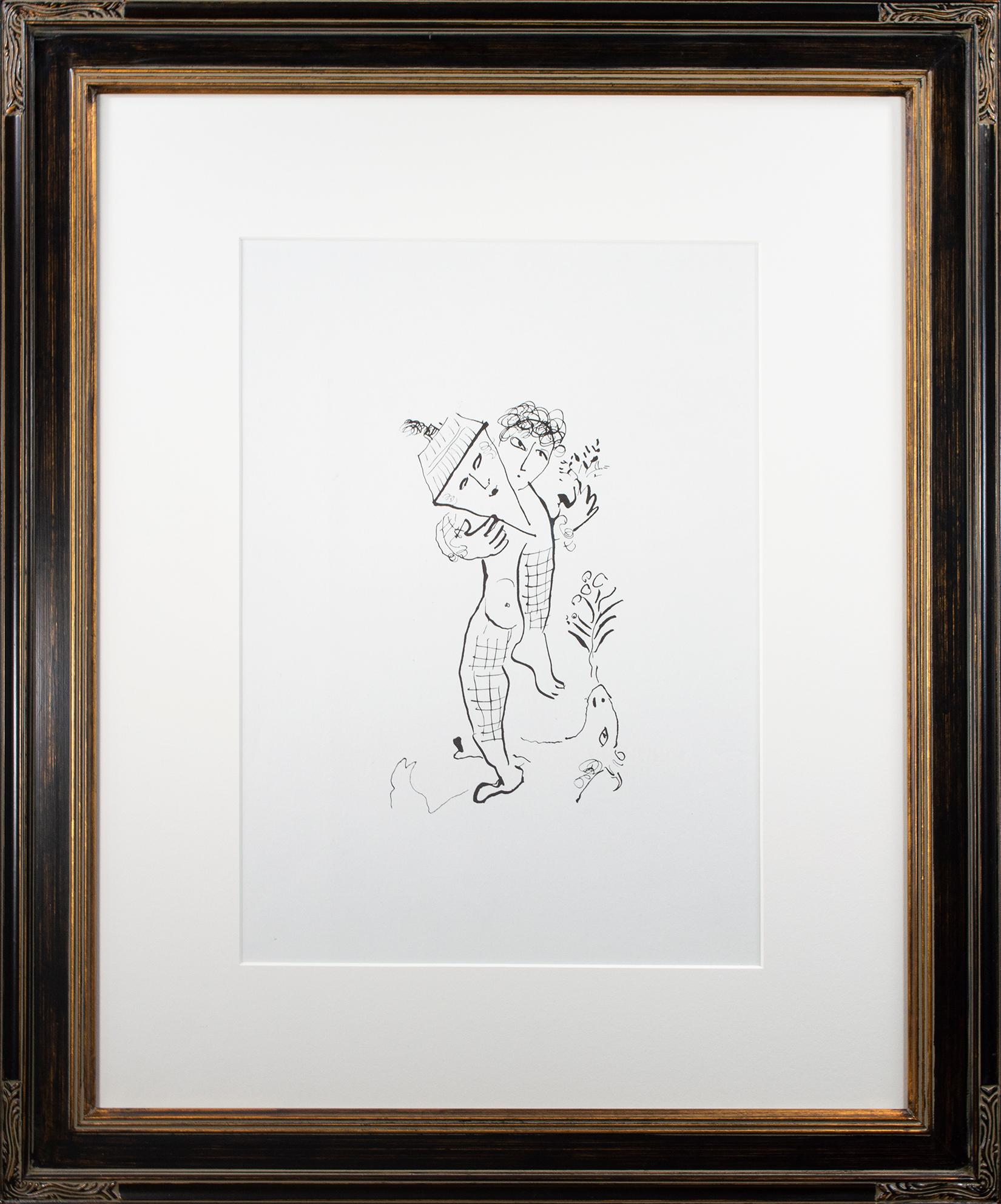 "Couverture arrière de Derrière le Miroir #235, M 946" est une lithographie originale de Marc Chagall.  Ce Chagall est une pièce graphique, avec des lignes noires sur un papier blanc. Le personnage principal est un bouffon aux cheveux bouclés, avec