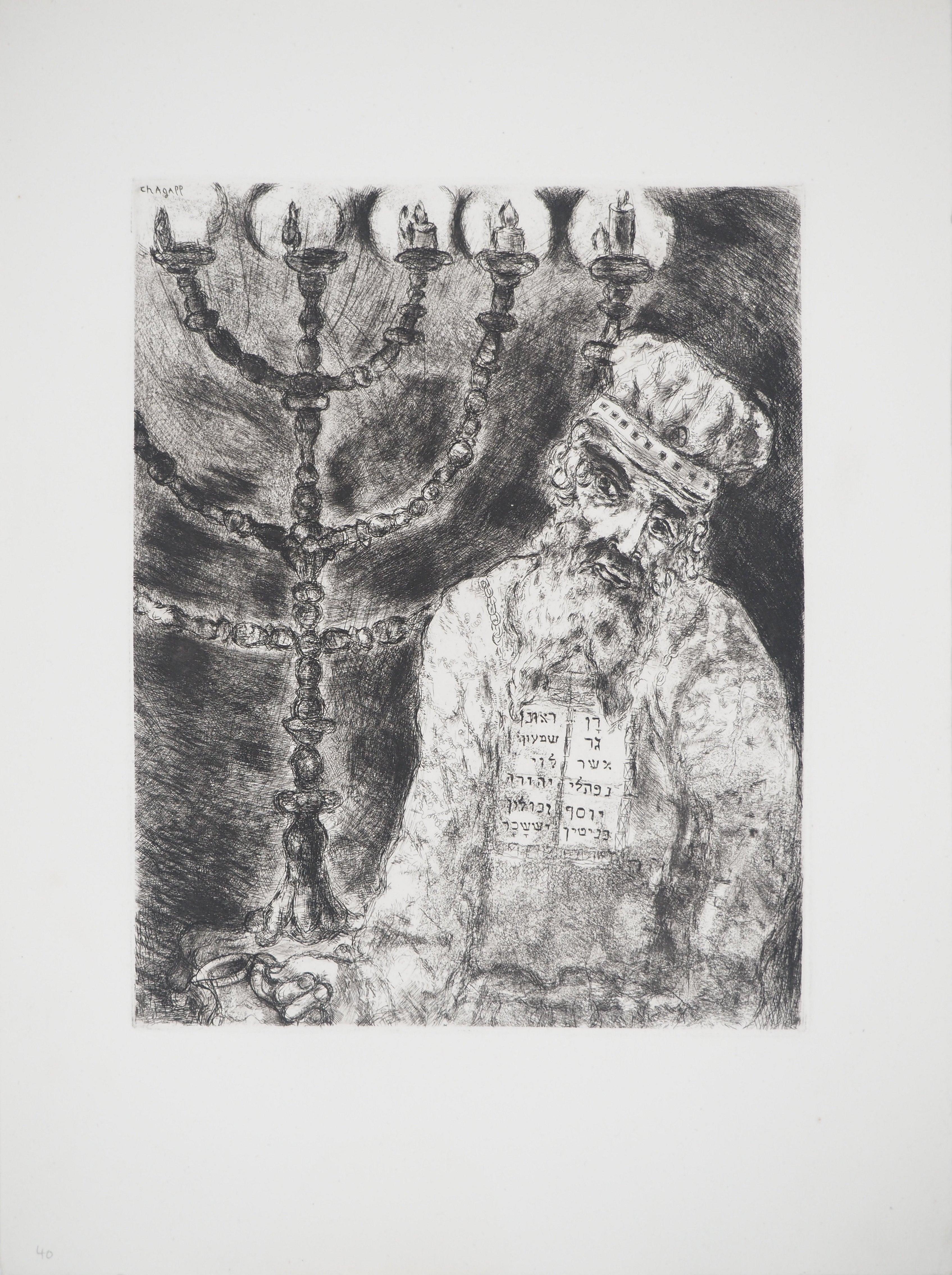 Marc Chagall Figurative Print - Bible : Aaron and the Candle (Menorah), 1939 - Original Etching