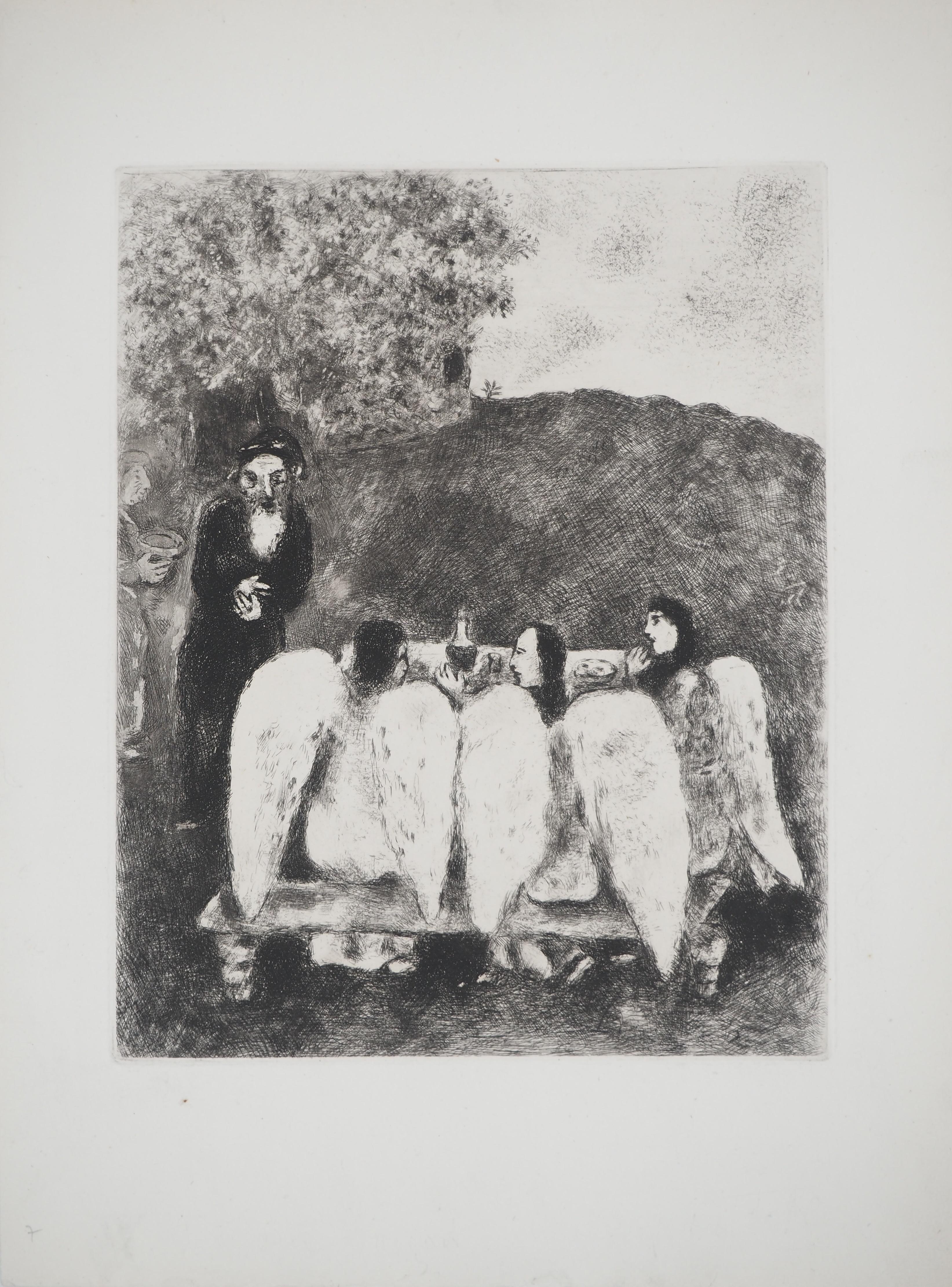 Figurative Print Marc Chagall - Bible : Abraham et les trois anges, 1939 - gravure originale