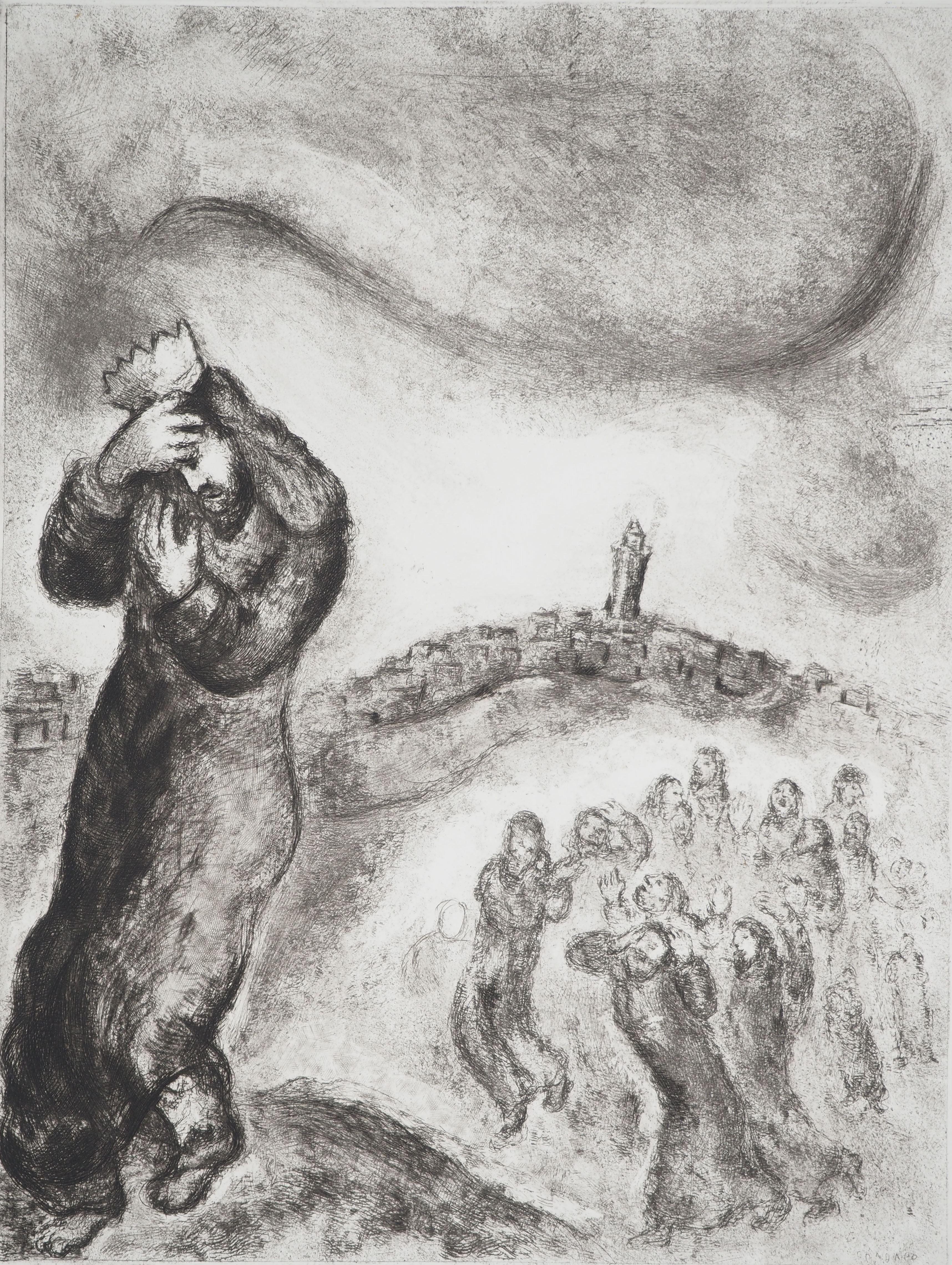 Marc Chagall (1887-1958)
Bibel : David besteigt den Olivenberg (David montant la colline des oliviers), 1939

Original-Radierung
Gedruckte Unterschrift auf der Platte
Auf Montval Vellum, 44 x 33,5 cm (ca. 17,3 x 13,1 inch)

INFORMATION: