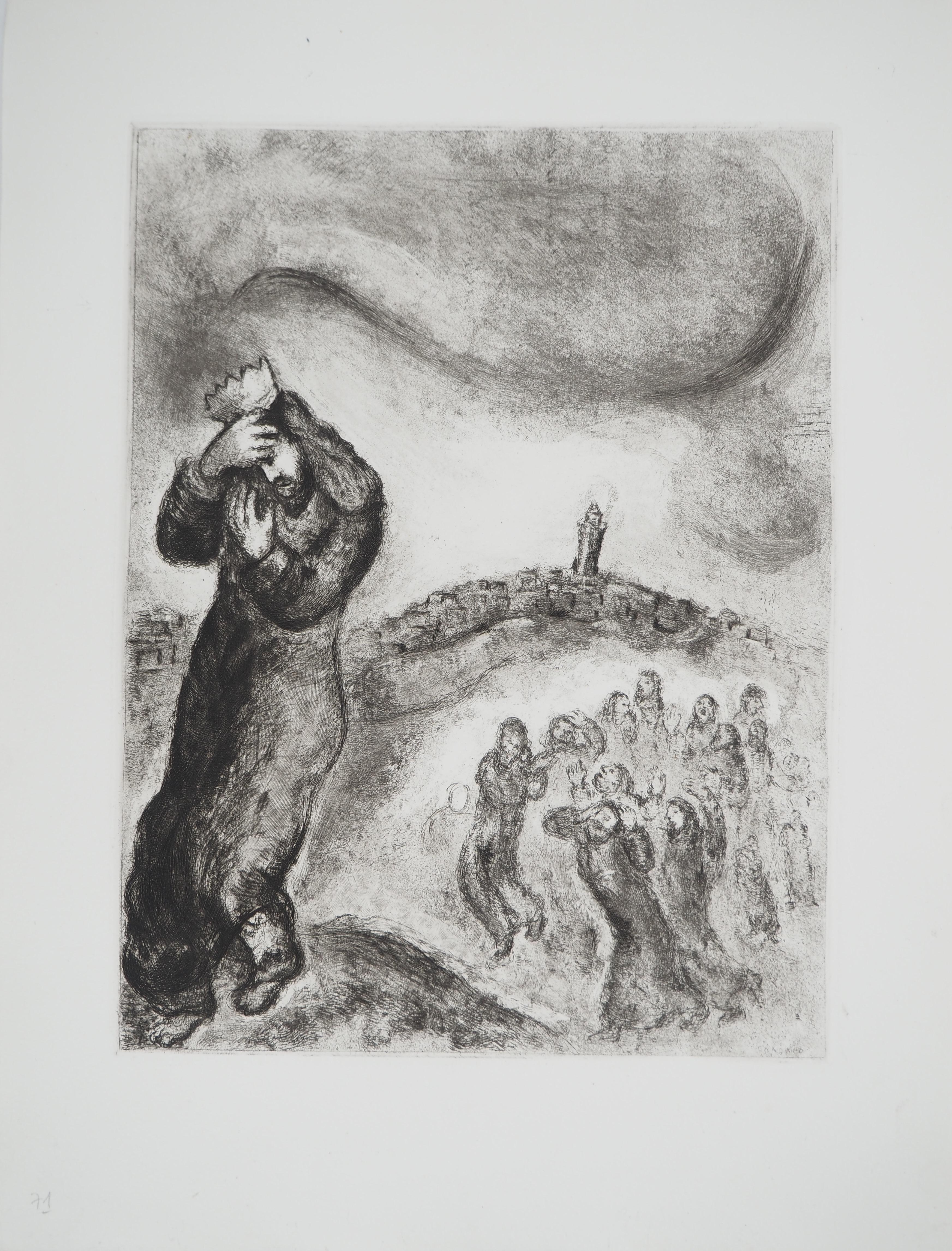 Marc Chagall Figurative Print – Bible Bible: David erhebt sich auf dem Hügel der Oliven, 1939 – Original-Radierung