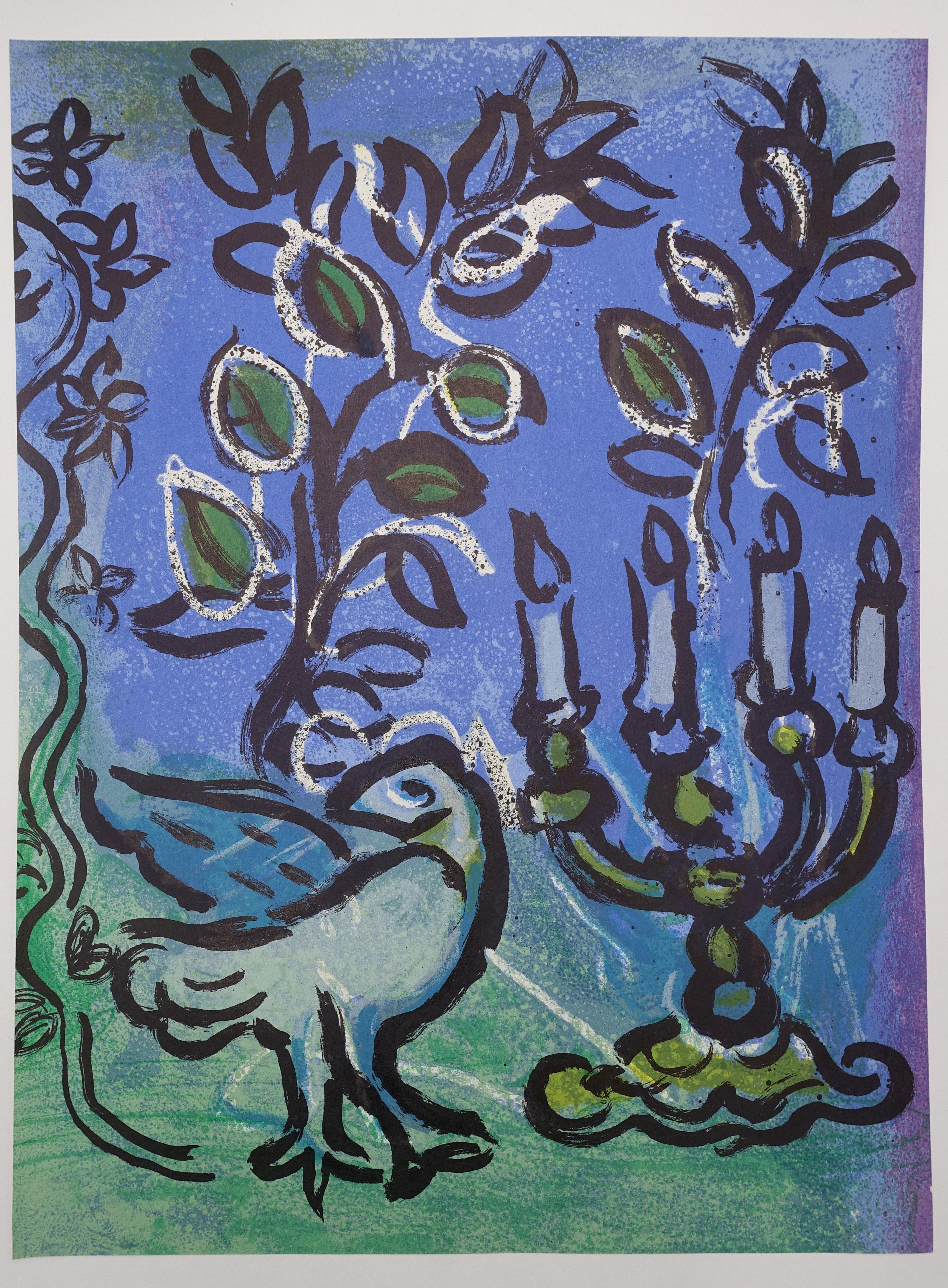 Bibbia: Colomba e candeliere Menorah - Litografia originale - Print di Marc Chagall