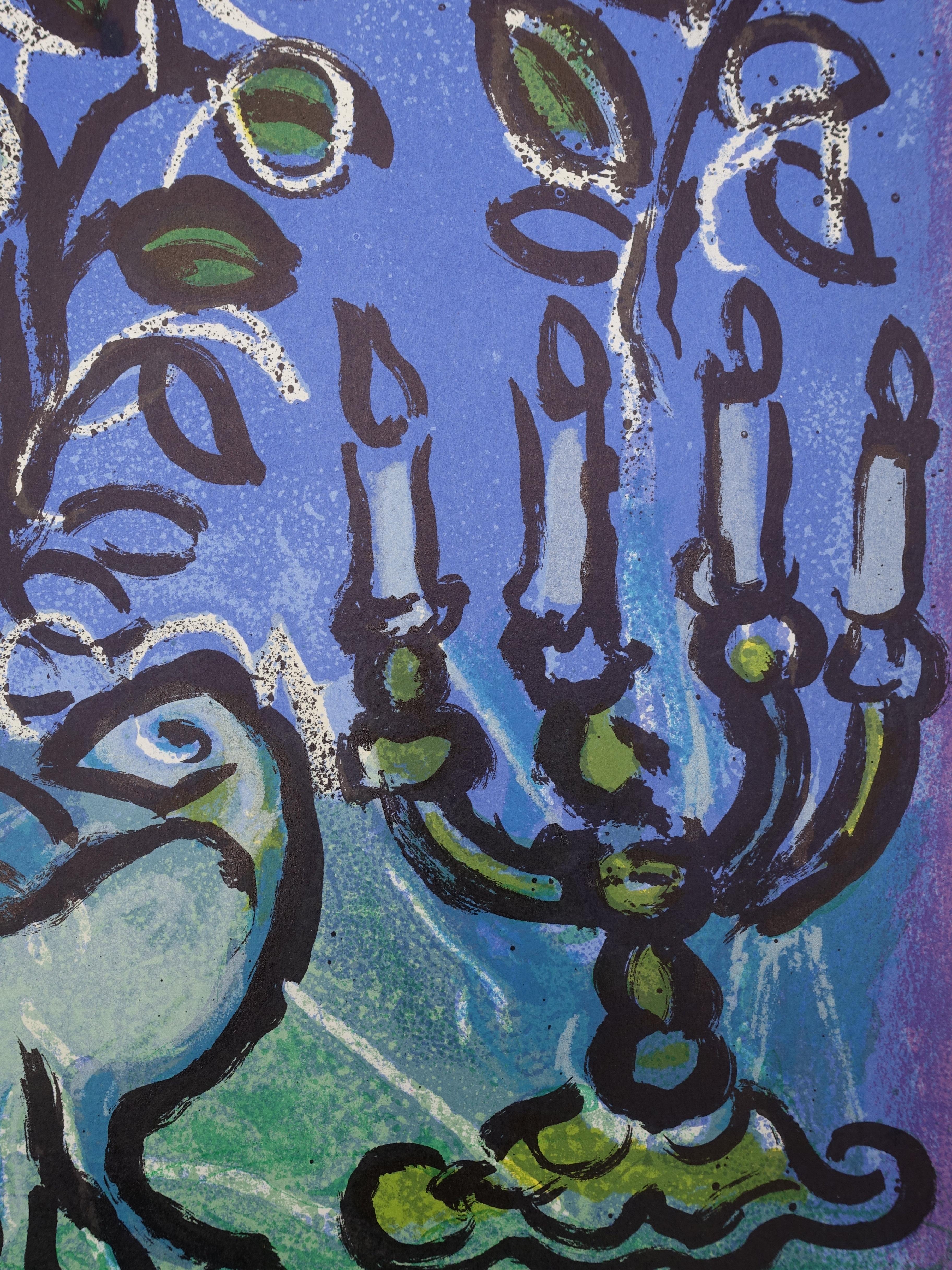 Bibbia: Colomba e candeliere Menorah - Litografia originale - Animal Print Grigio di Marc Chagall