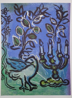 Vintage Bible : Dove and Menorah candlestick - Original Lithograph