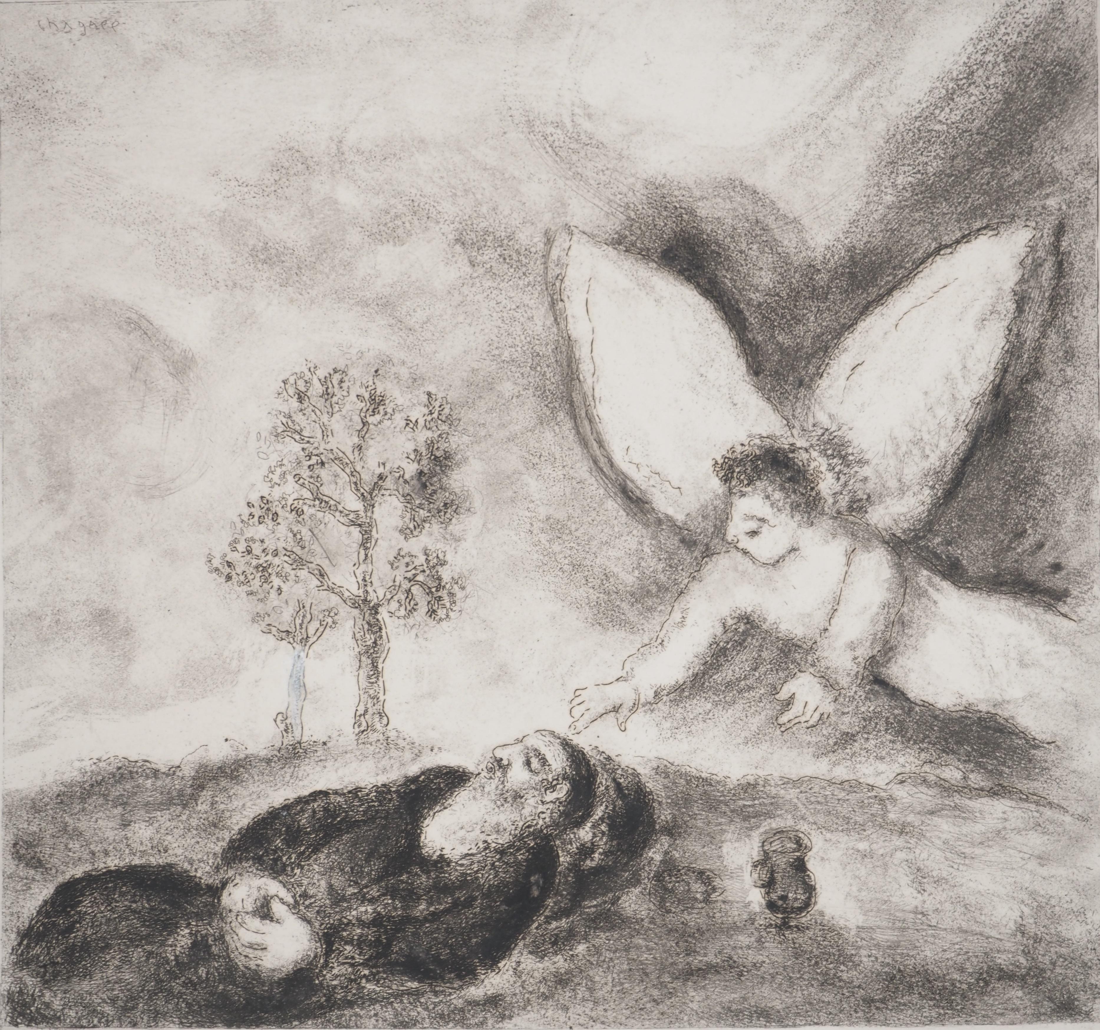 Marc Chagall (1887-1958)
Bible : Elijah touched by an angel, (Elie touché par un ange), 1939

Original etching
Printed signature in the plate
On Montval vellum, 33.5 x 44 cm (c. 13.1 x 17.3 inch)

INFORMATION: Published by Vollard / Tériade in